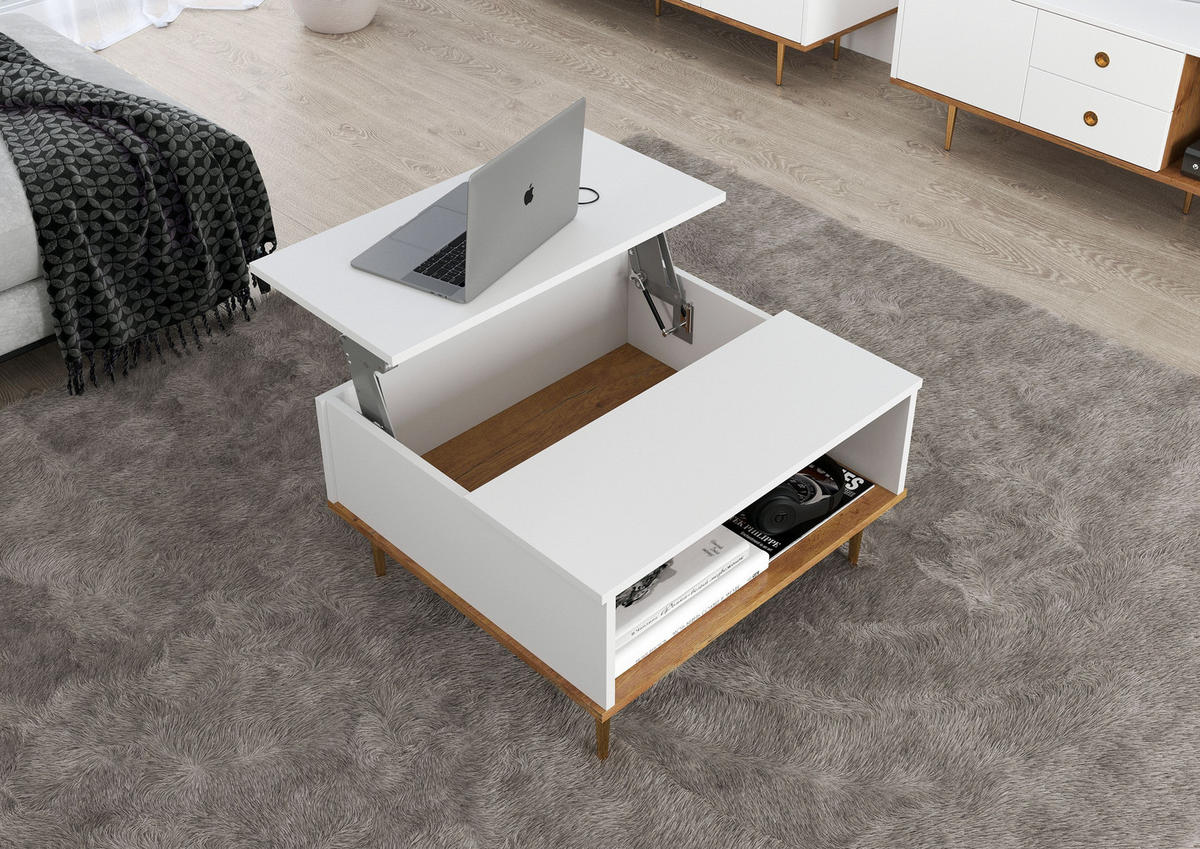 COUCHTISCH Harmoni, Höhenverstellbarer, Weiß, Goldenen Details - Goldfarben/Weiß, Holzwerkstoff/Metall (69/75/43cm) - Skandica