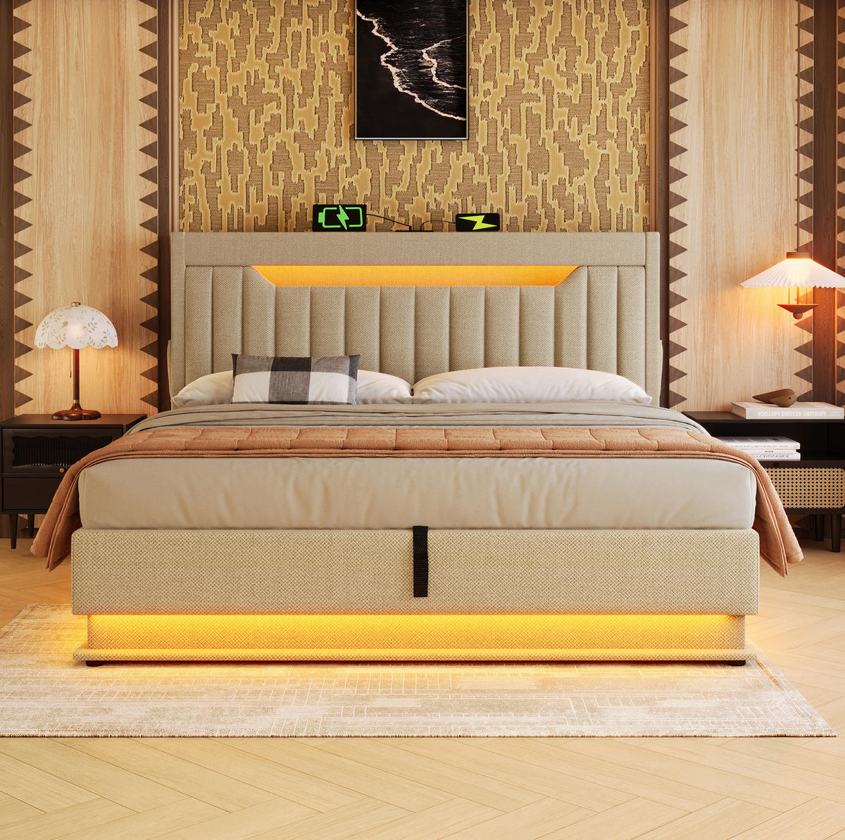 POLSTERBETT 180/200 cm Beige aus Leinen mit LED und Bettkasten - Beige, Textil (180/200cm) - OKMYHOME