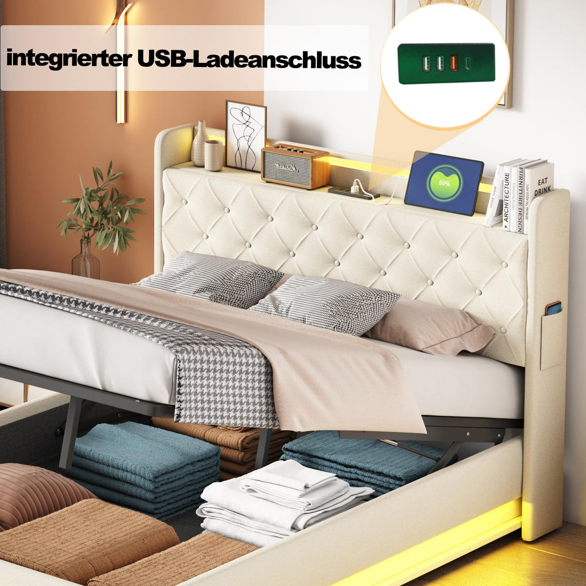 POLSTERBETT 140/200 cm in Beige Leinen mit Bettkasten, LED und USB - Beige, Holzwerkstoff/Textil (140/200cm) - WISHDOR