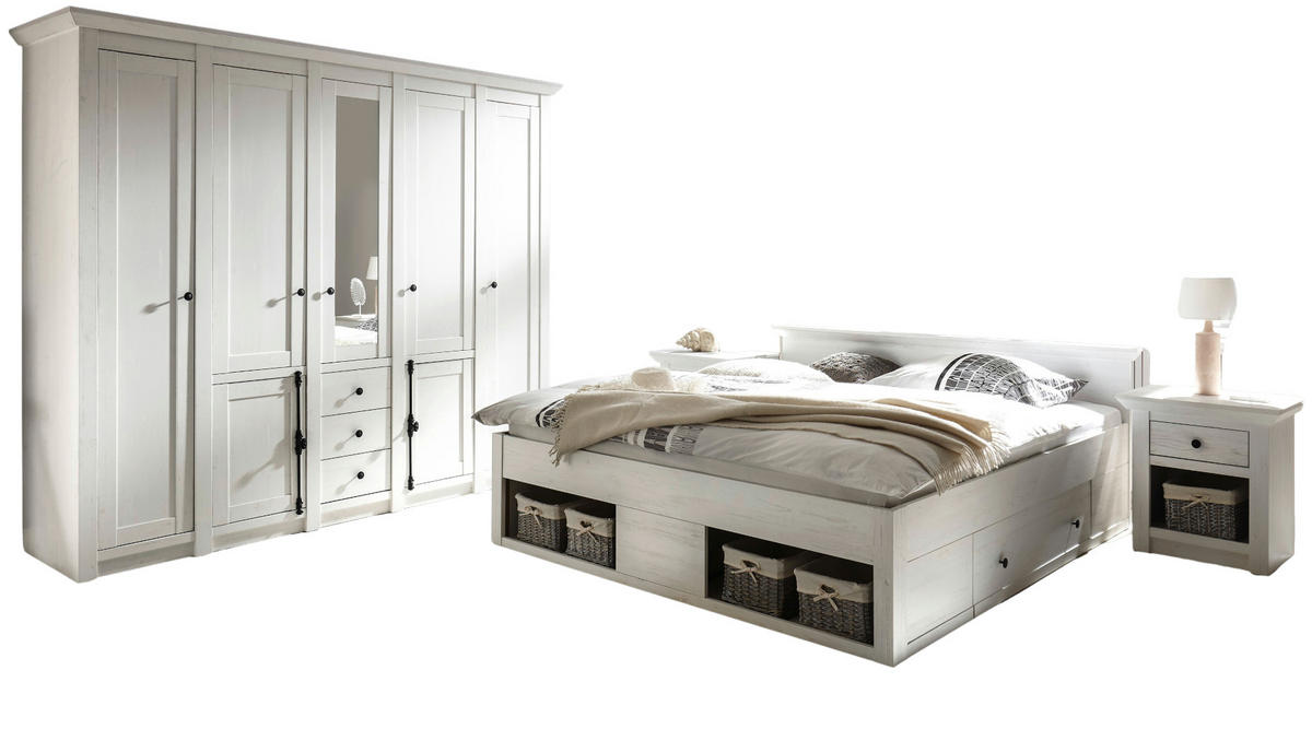 SCHLAFZIMMER 4-teilig Set Pinie weiß, Komplettset mit Doppelbett - Schwarz/Weiß, Glas/Holzwerkstoff (236/206/64cm) - Furn.Design