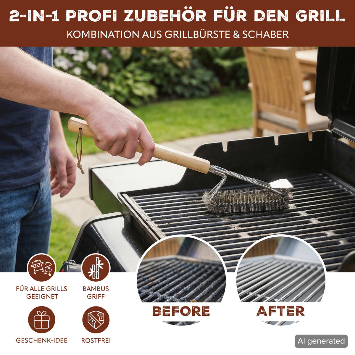 GRILLBÜRSTE, Edelstahl, Bambus - Edelstahlfarben, Metall (40cm) - eluno