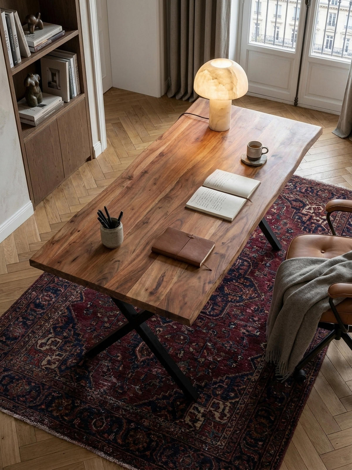 SCHREIBTISCH Massivholz X-Gestell Baumkante Handgefertigt KRETA, Goldbraun-Schwarz 140x80x76 cm - Schwarz/Braun, Holz/Metall (80/140/76cm) - KADIMA DESIGN