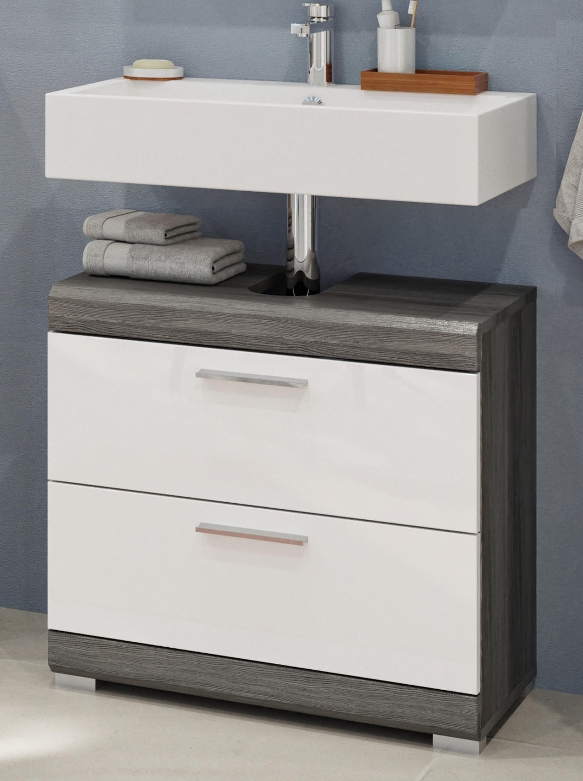 WASCHBECKENUNTERSCHRANK weiß Hochglanz, grau mit Schubladen 60 cm - Weiß Hochglanz/Silberfarben, Holzwerkstoff/Kunststoff (60/56/34cm) - Inn.Furn