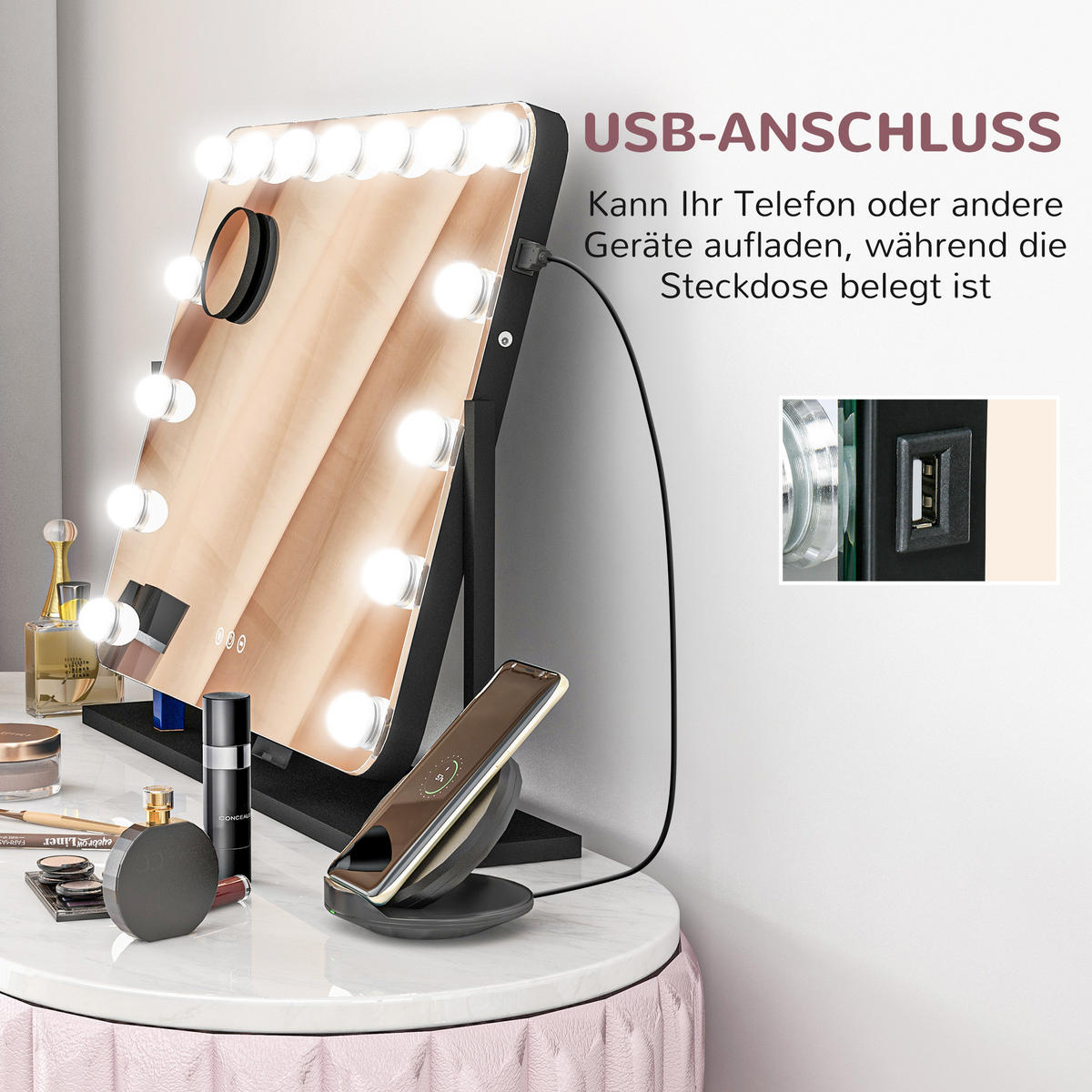 HOLLYWOOD Spiegel mit Beleuchtung, Schminkspiegel mit 14 LED Licht, 3 Lichtfarben - Schwarz, Glas (14/49.5/62.5cm) - HOMCOM