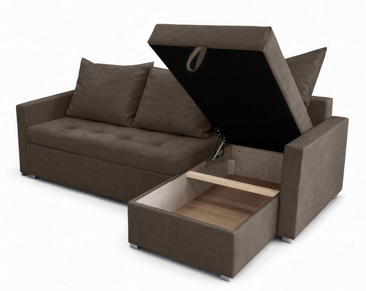 ECKSOFA Universelle L Form Elif Braun 220/140/85 cm stilvolle mit Schlaffunktion - Silberfarben/Braun, Kunststoff/Textil (220/140cm) - AX Living