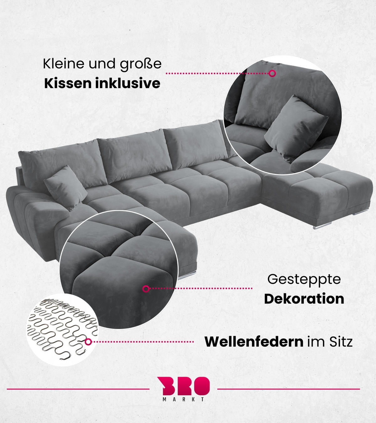 WOHNLANDSCHAFT Nubes mit Schlaffunktion Grau Plüsch - Silberfarben/Grau, Kunststoff/Textil (372/85/184cm) - Bromarkt