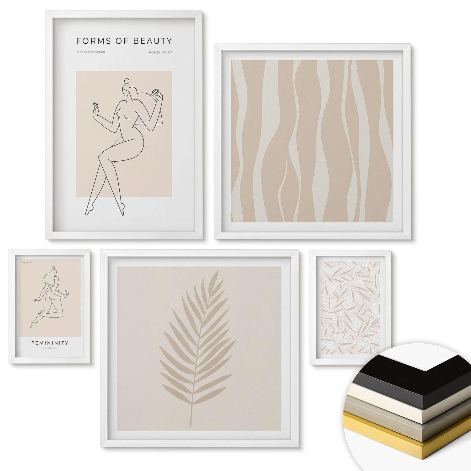WANDBILDER 5er-Set - 50x50 cm & 20x30 cm & 40x60 cm Weißer Rahmen - Minimalistische Pflanzenmotive - Weiß, Kunststoff (40/60cm) - ArtPrintCave