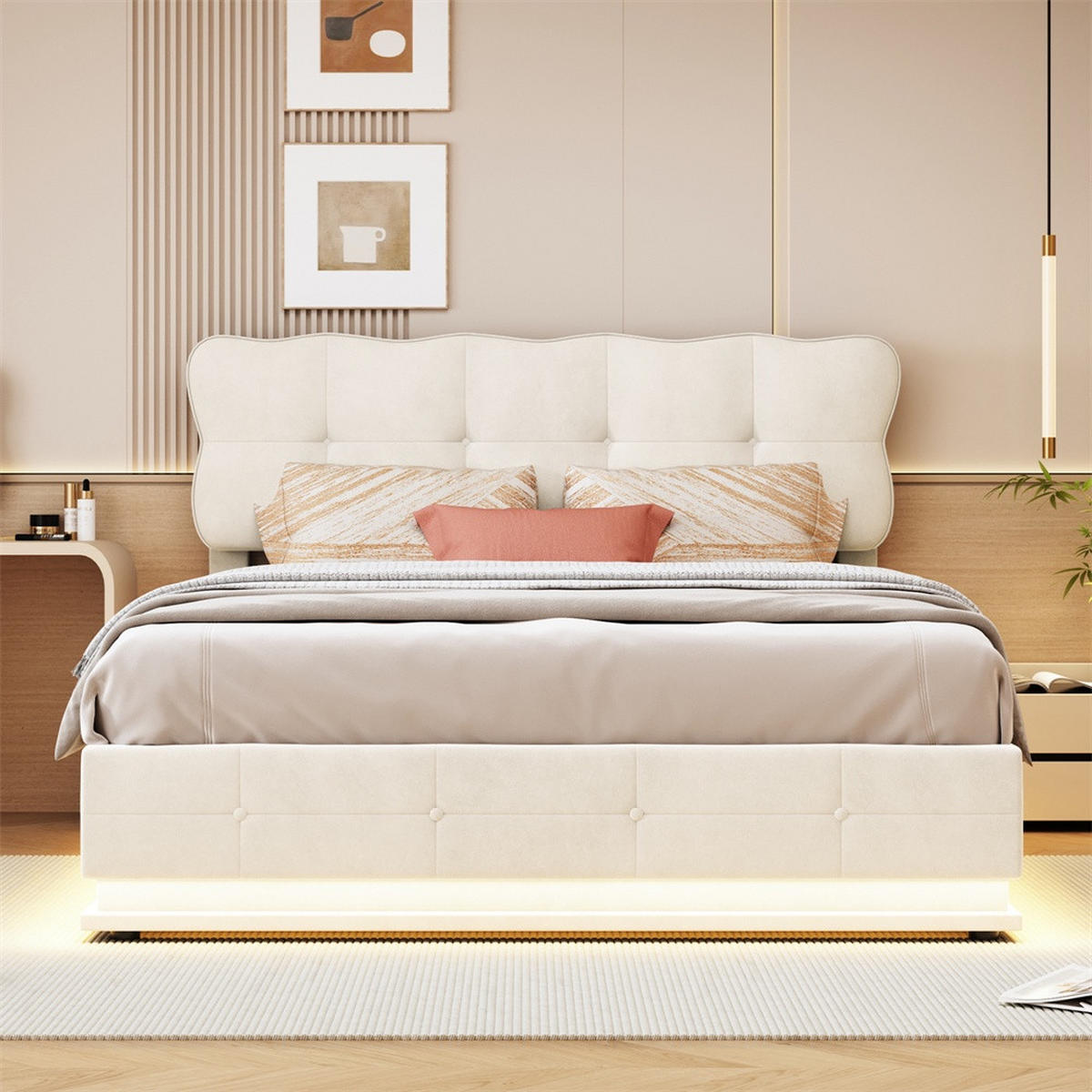 POLSTERBETT 140x200 cm mit LED-Unterbettbeleuchtung und hydraulischem Stauraum - ohne Matratze - Beige - Beige, Textil (140/200cm) - DELFA