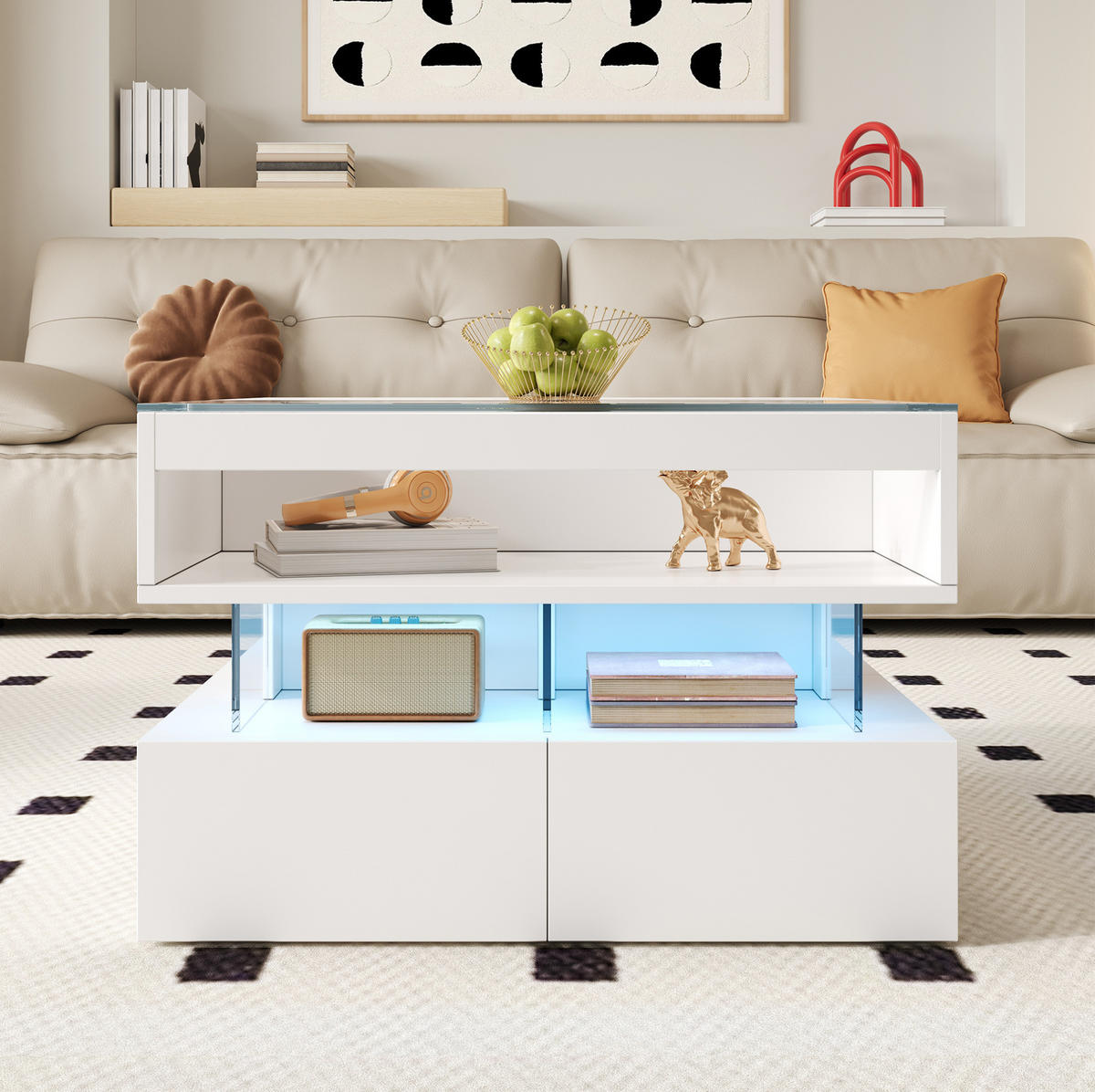 COUCHTISCH aus Spanplatte 70x67x57 cm Weiß mit anhebbarer Glasplatte, LED-Beleuchtung und Stauraum - Weiß, Holzwerkstoff (70/67/57cm) - Modfu