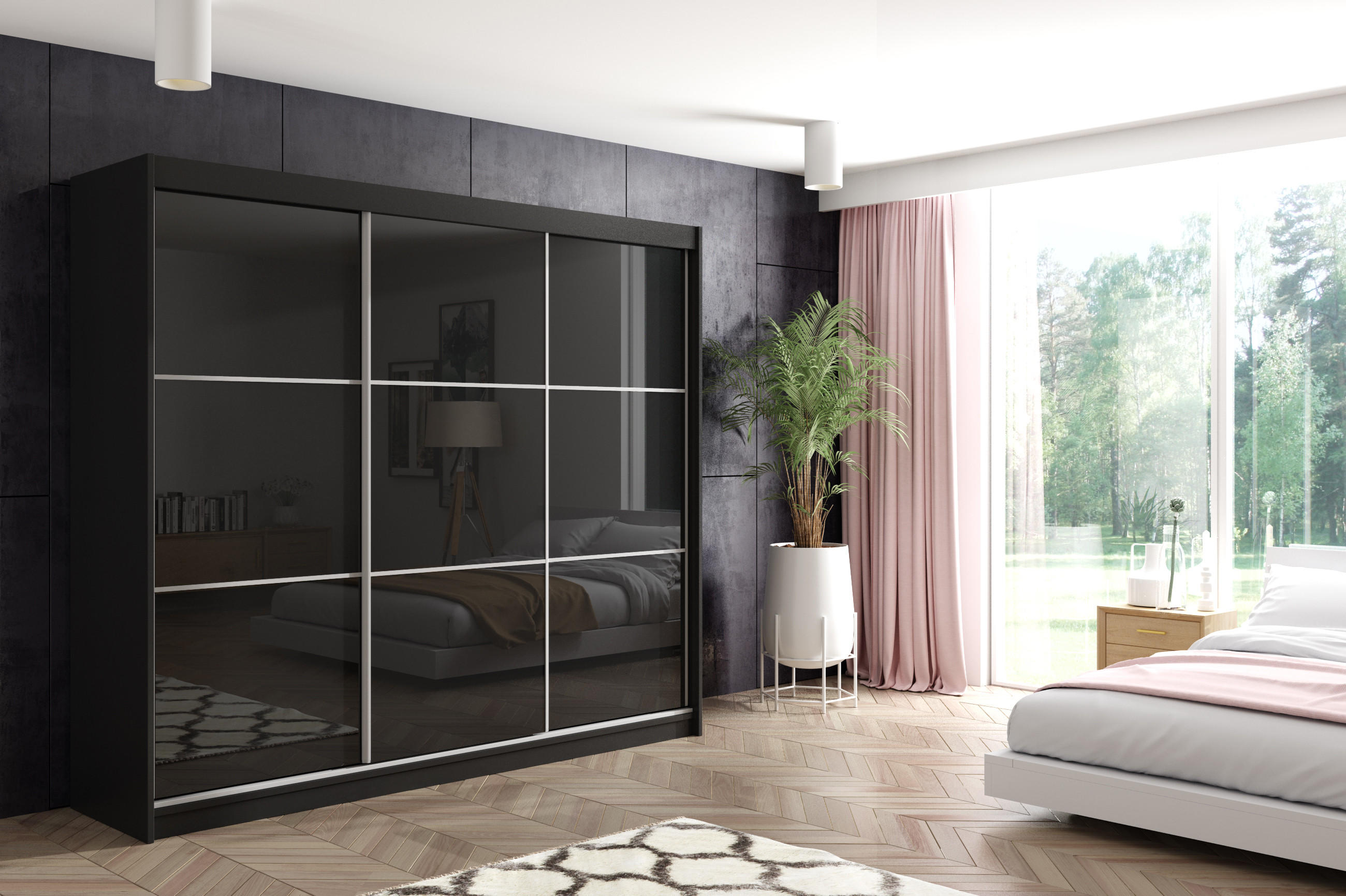 KLEIDERSCHRANK mit Lacobel-Schiebetüren und Aluminium- Leisten, LED-Beleuchtung - VIVI - 240 cm Schwarz - Schwarz, Holzwerkstoff (240/216/61cm) - ALTDECOR