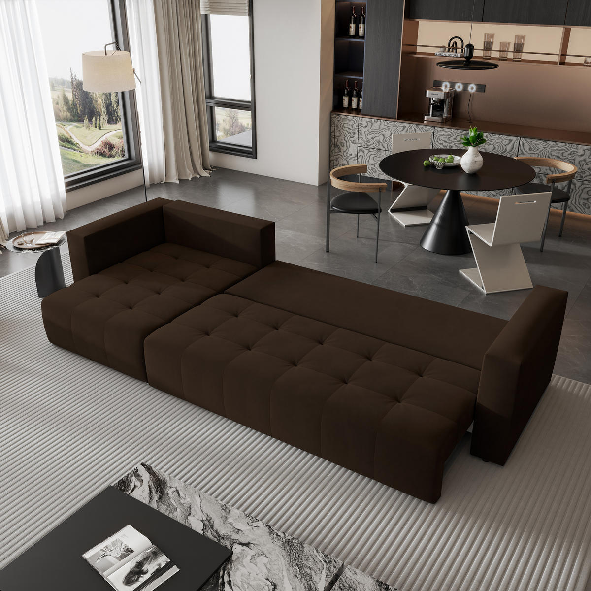 ECKSOFA OLVERA Braun Plüsch-Stoff mit Schlaffunktion - Braun, Holz (347/148cm) - MASSENO