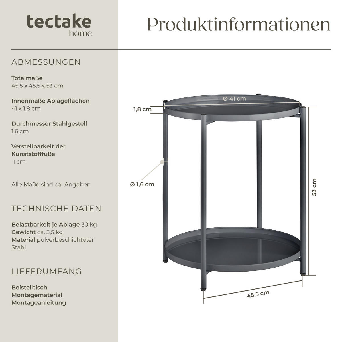 BEISTELLTISCH Oxford,45,5 x 45,5 x 53 cm,dunkelgrau - Dunkelgrau, Metall (45.5/45.5/53cm) - tectake