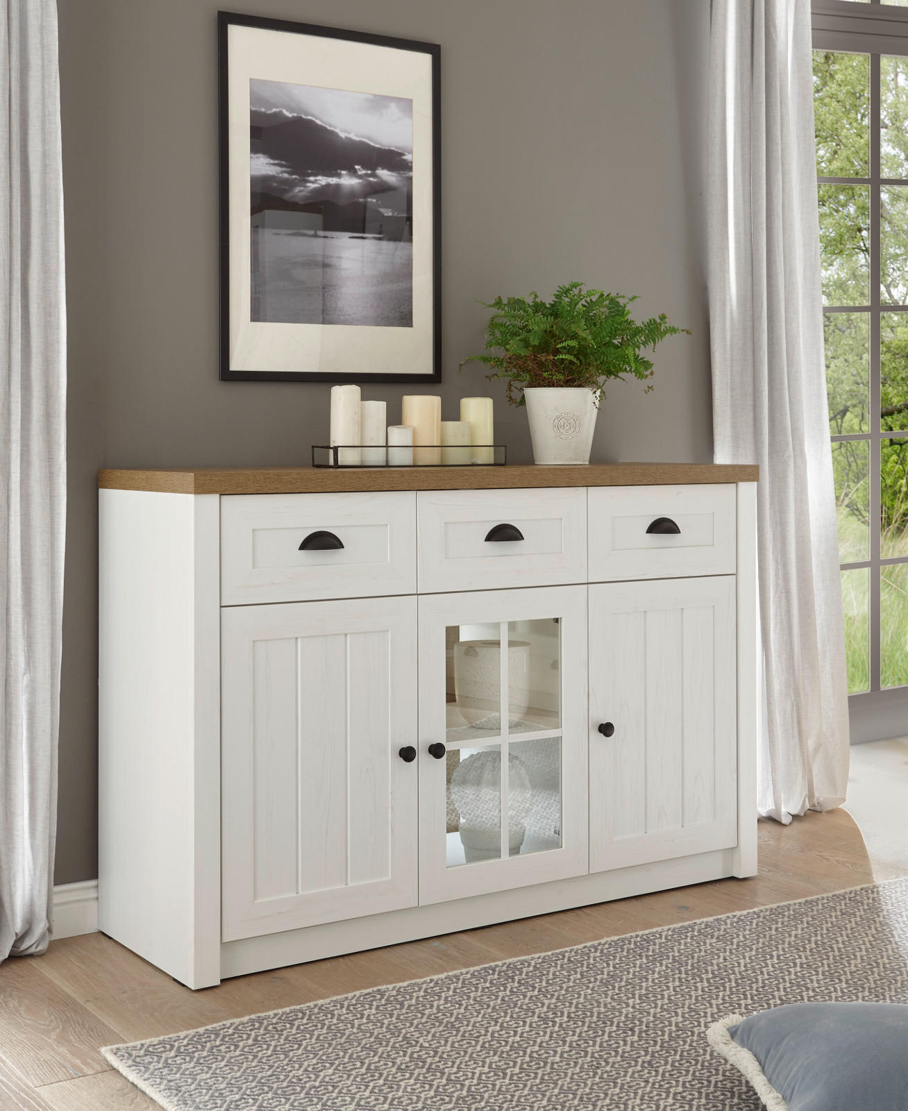 SIDEBOARD weiß Pinie, Eiche hell Landhaus, Kommode 130 x 86 cm - Eichefarben/Schwarz, Holzwerkstoff/Metall (130/86/43cm) - Furn.Design