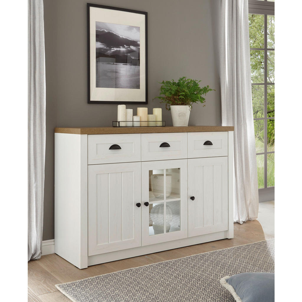 Thumbnail - Furn.Design Sideboard, Weiß, Eiche, Metall, Nachbildung,Pinie, 3 Fächer, 3 Schubladen, Sockel, 130x86x43 cm, FSC 100%, W...