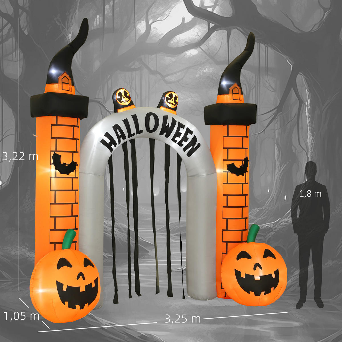 AUFBLASBARER Halloween Torbogen 3 m mit LED Geisterkürbis Gebläse für Hof Rasen - Orange, Textil (105/322/325cm) - Outsunny