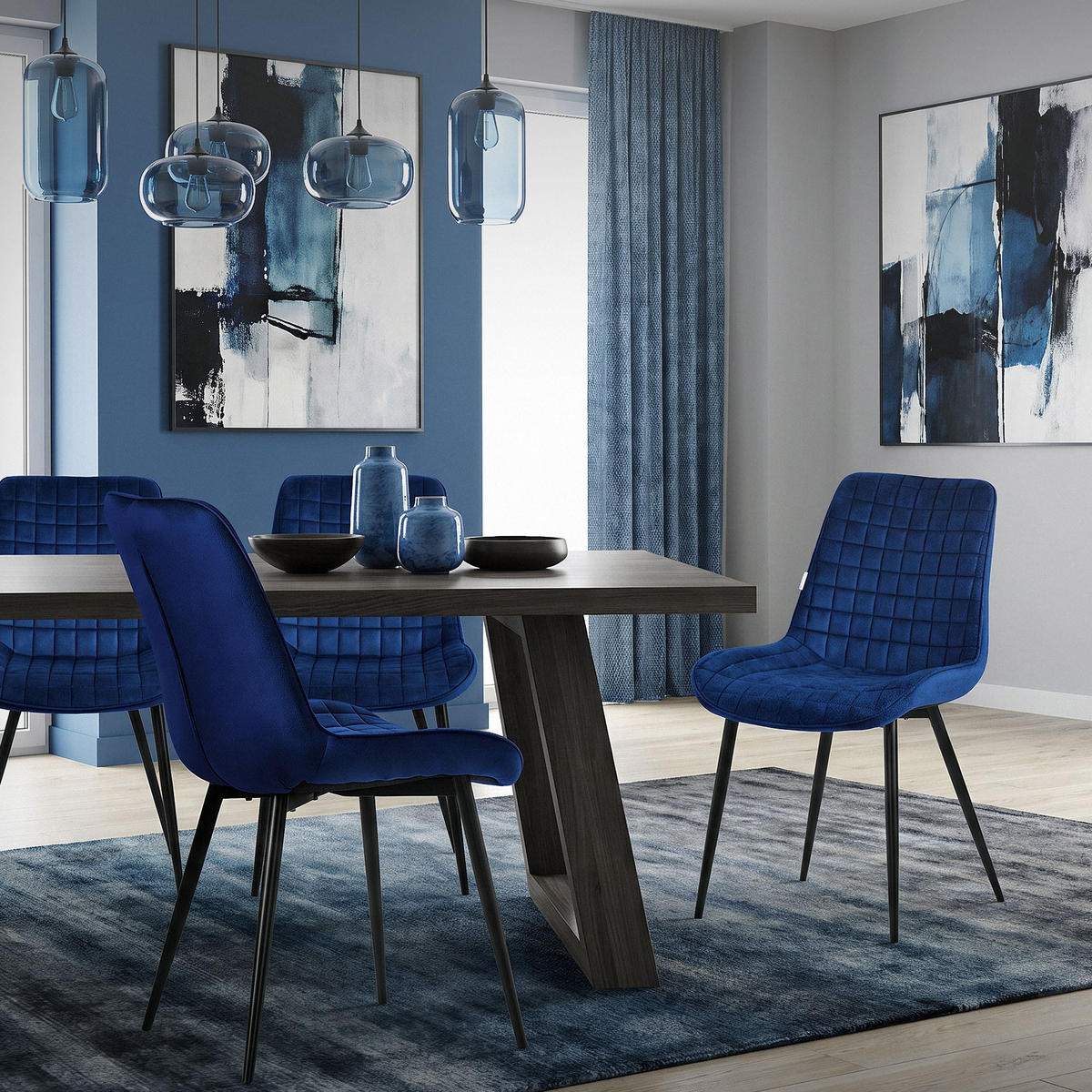 ESSZIMMERSTÜHLE 2ER-SET Dunkelblau Samt - Schwarz/Dunkelblau, Textil/Metall (52/89/60cm) - ML-DESIGN