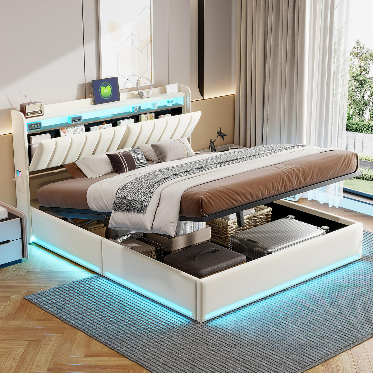 BETT 140/200 cm mit Stauraum, LED-Beleuchtung und USB,Doppelbett 250616WXL0604 - Beige/Naturfarben, Holz/Metall (140/200cm) - PARAFTA HOME