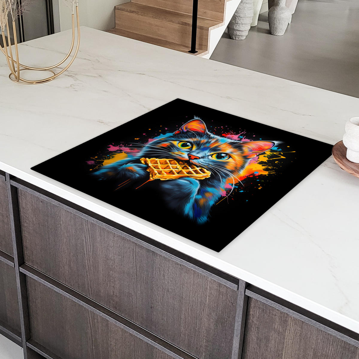 HERDABDECKPLATTE Katze - Graffiti - Bunt - Waffel - Essen Induktionsmatte 78x78 cm - Multicolor, Kunststoff (78/78/0.2cm) - MuchoWow