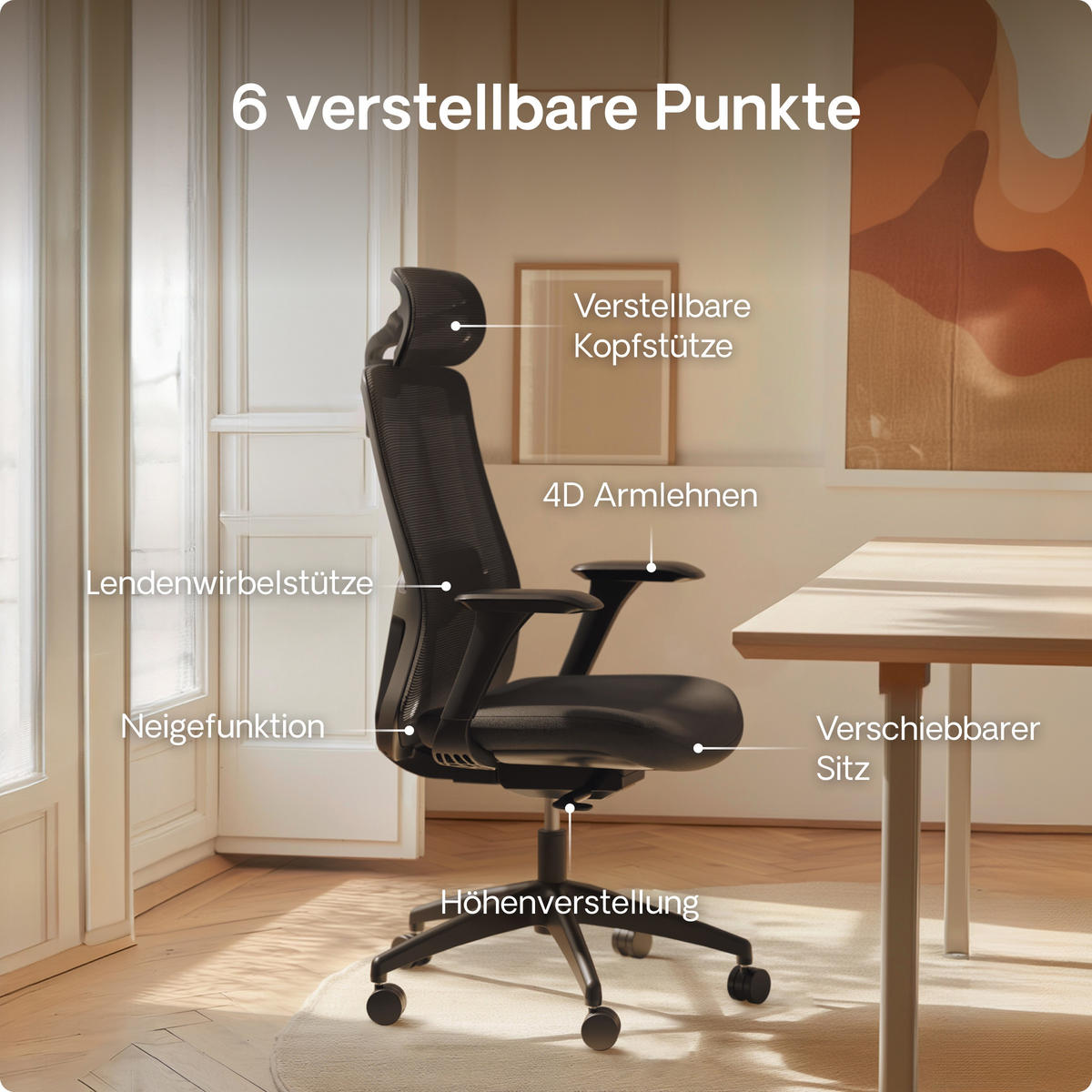 BÜROSTUHL Verstellbarer Ergonomischer SitOne Schwarz 4-Dimensional Armlehne, Integrierte 4-Wege-Lendenwirbelstütze - Schwarz, Kunststoff (60/125/68cm) - Desktronic