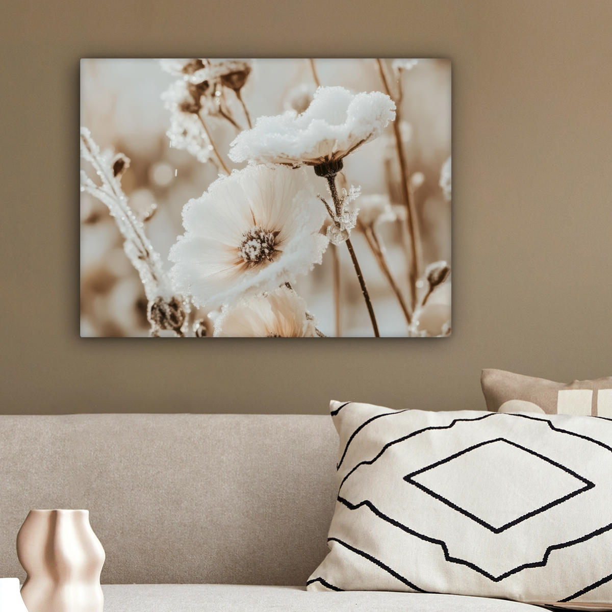 LEINWANDBILD Blumen - Winter - Weiß - Schnee - Beige 40x30 cm - Creme, Textil (40/30cm) - MuchoWow