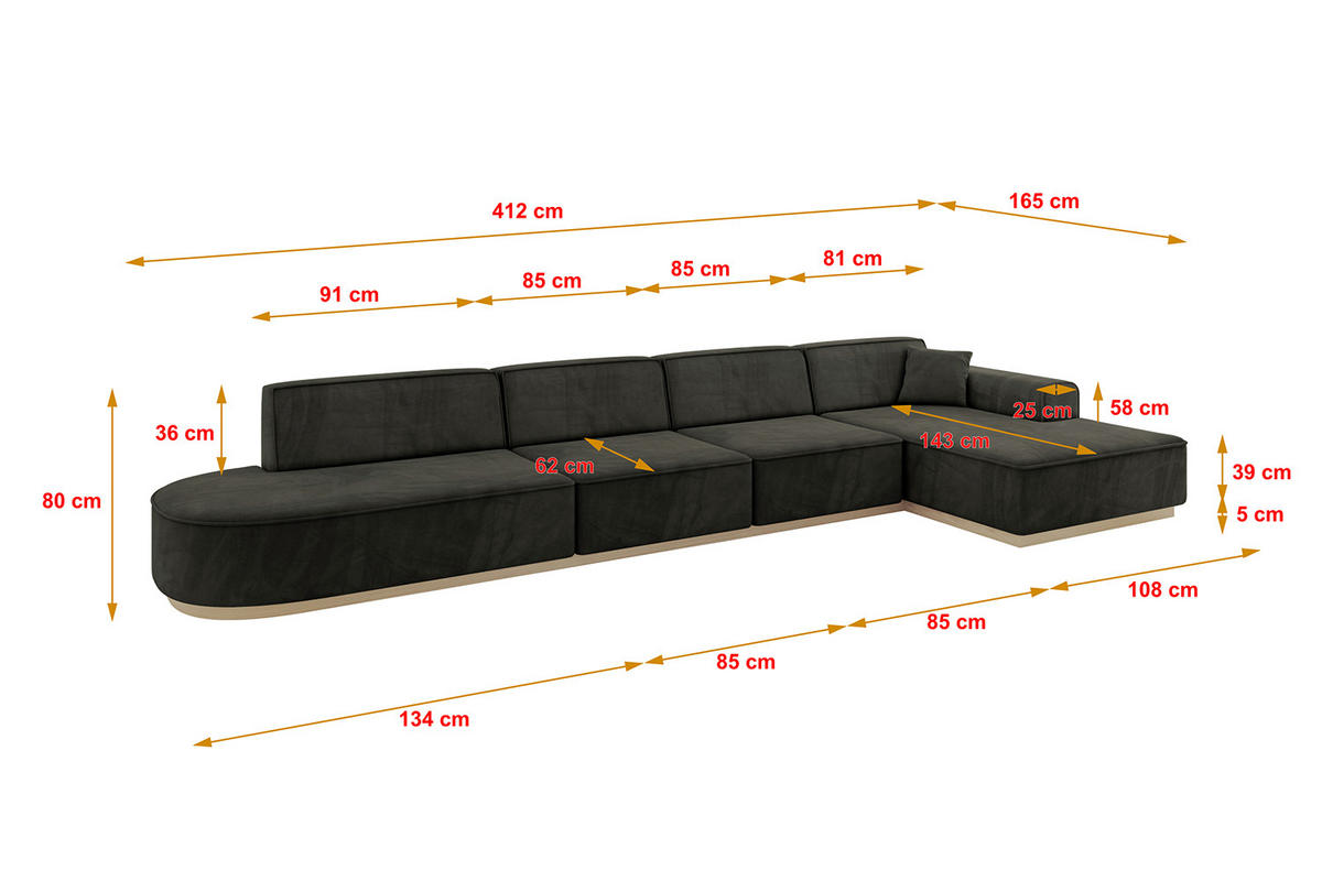 ECKSOFA Ottomane Rechts IREA-L3 - 412x165x80 cm Schwarz - Schwarz, Holzwerkstoff/Textil (412/165cm) - ALTDECOR