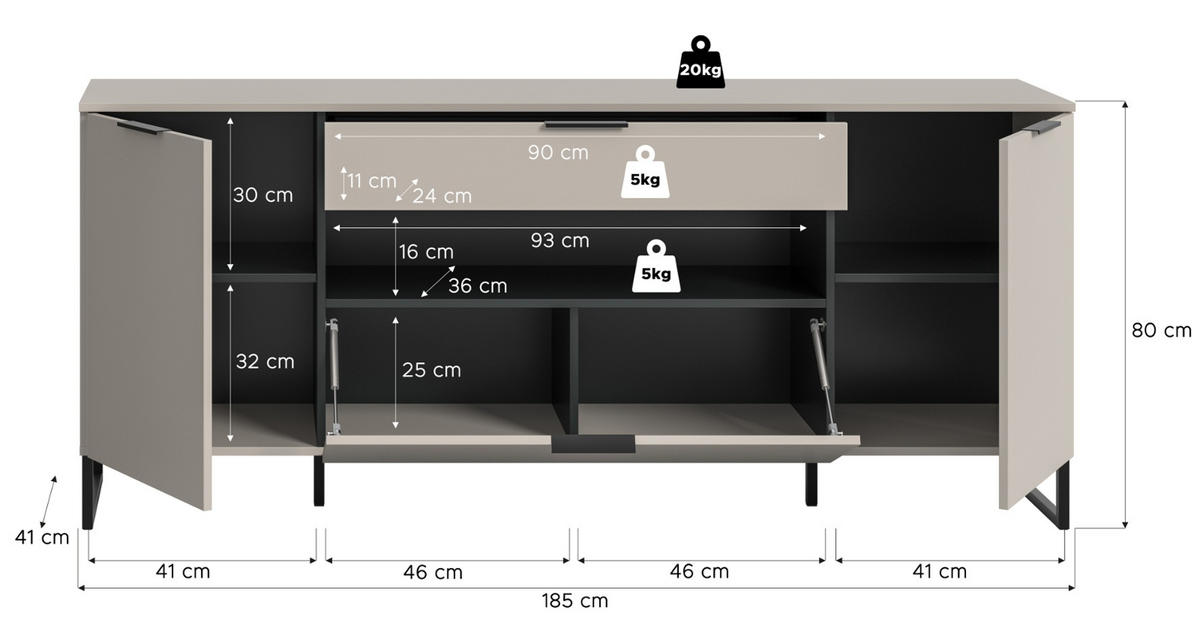 TV-LOWBOARD Kaschmir, schwarz 185 x 80 cm, TV Unterteil mit Soft-Close - Kaschmir/Schwarz, Holzwerkstoff/Kunststoff (185/80/41cm) - Inn.Furn