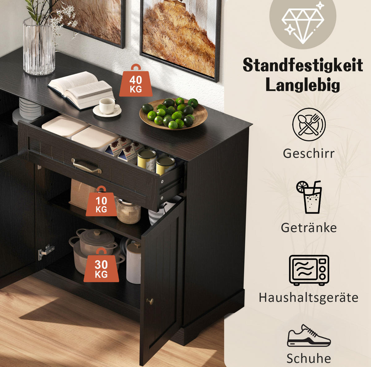 SIDEBOARD aus MDF 107x40x83 cm Schwarz mit 3 Türen, 1 Schublade und verstellbaren Einlegeböden - Schwarz, Holzwerkstoff (107/83.4/40cm) - Modfu