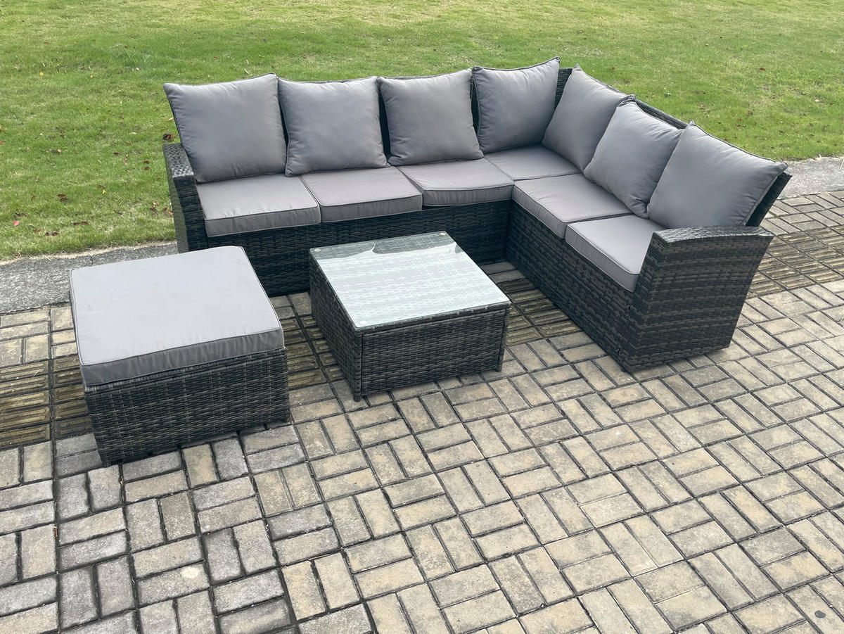 GARTENSOFA SET Hohe Rückenlehne Polyrattan Dunkelgrauer Mix 7-Sitzer - Dunkelgrau/Grau, Glas/Kunststoff - Fimous