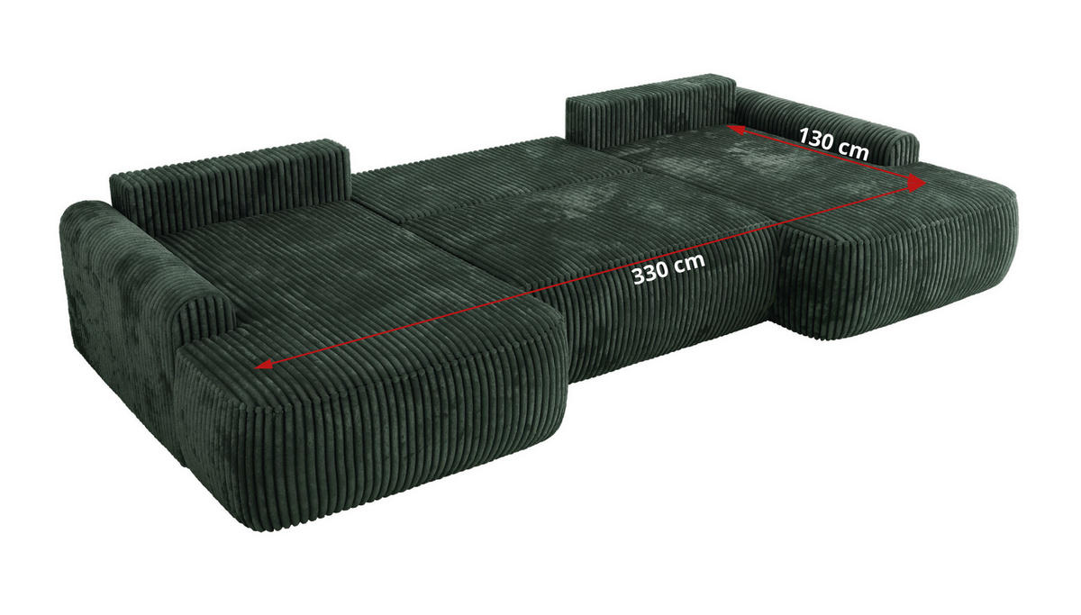 WOHNLANDSCHAFT CUBO U Grün Cord - Schwarz/Grün, Kunststoff/Textil (370/100/187cm) - MKS