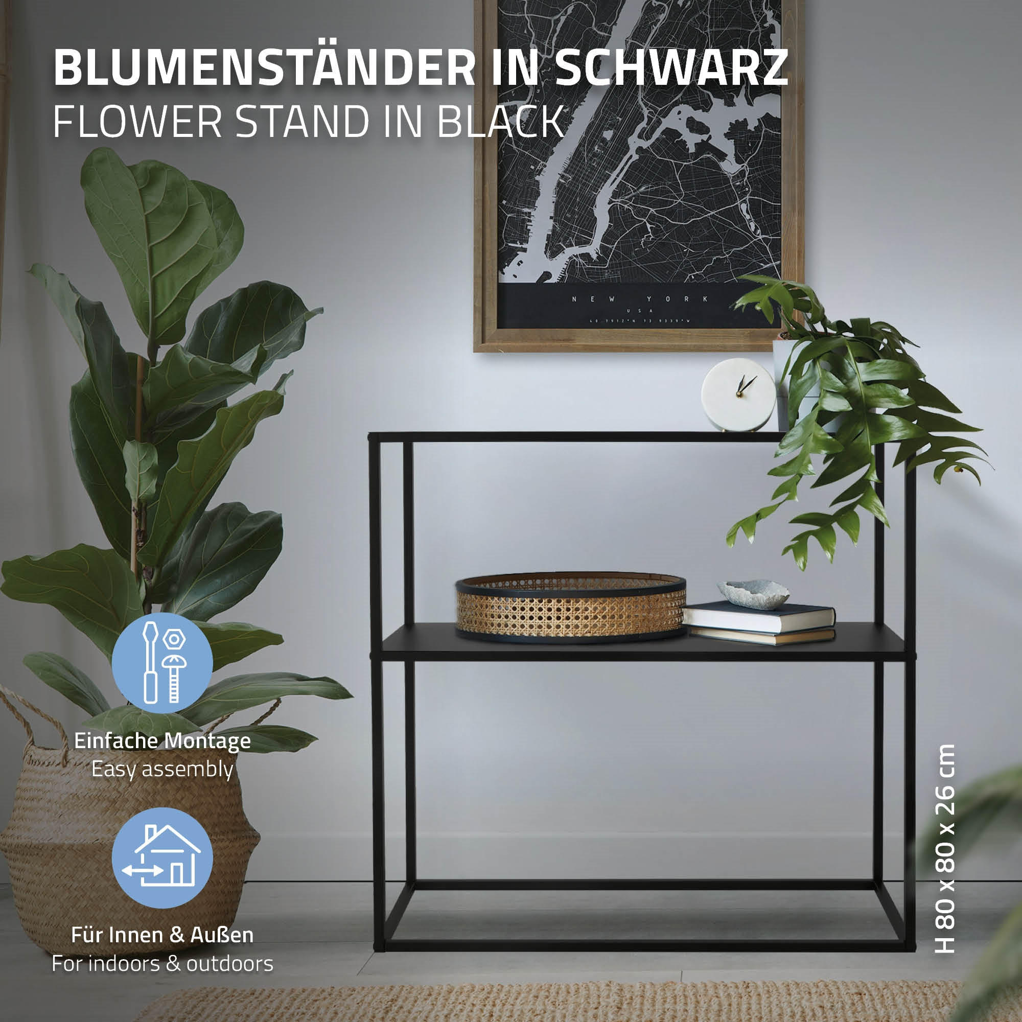 BLUMENREGAL rechteckig Schwarz 80/26/80 cm - Schwarz, Metall (80/26/80cm) - ML-DESIGN