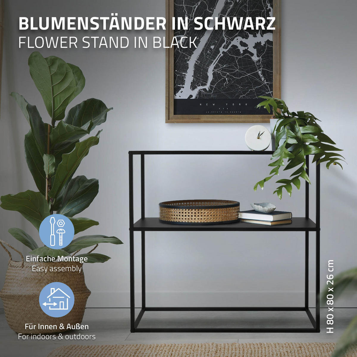 BLUMENREGAL rechteckig Schwarz 80/26/80 cm - Schwarz, Metall (80/26/80cm) - ML-DESIGN