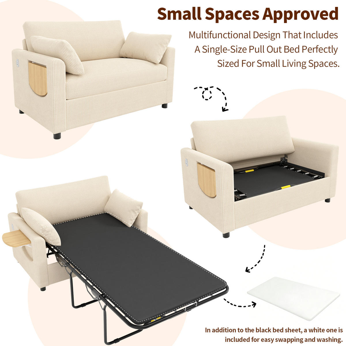 SCHLAFSOFA 2-Sitzer ausziehbar mit USB und Seitentisch, Beige - Beige, Textil (134/84/82cm)