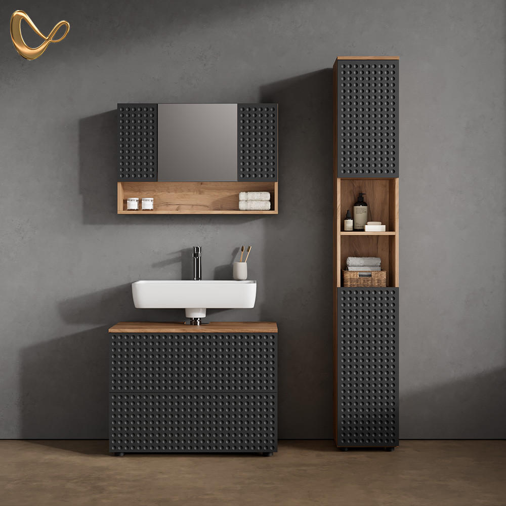BADSCHRANK Ronco Anthrazit gepunktet 30 x 192 cm - Anthrazit/Eiche Wotan, Holzwerkstoff (30/192/30cm) - Livinity®