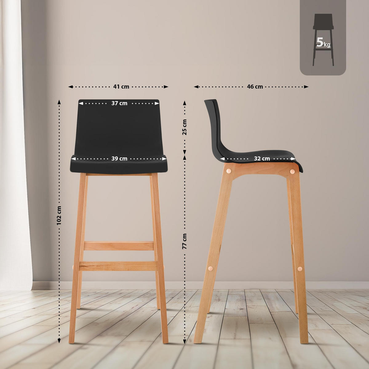BARHOCKER Hover Massivholz 102x41x46 cm schwarz - Schwarz, Holz (41/102/46cm) - furnicato