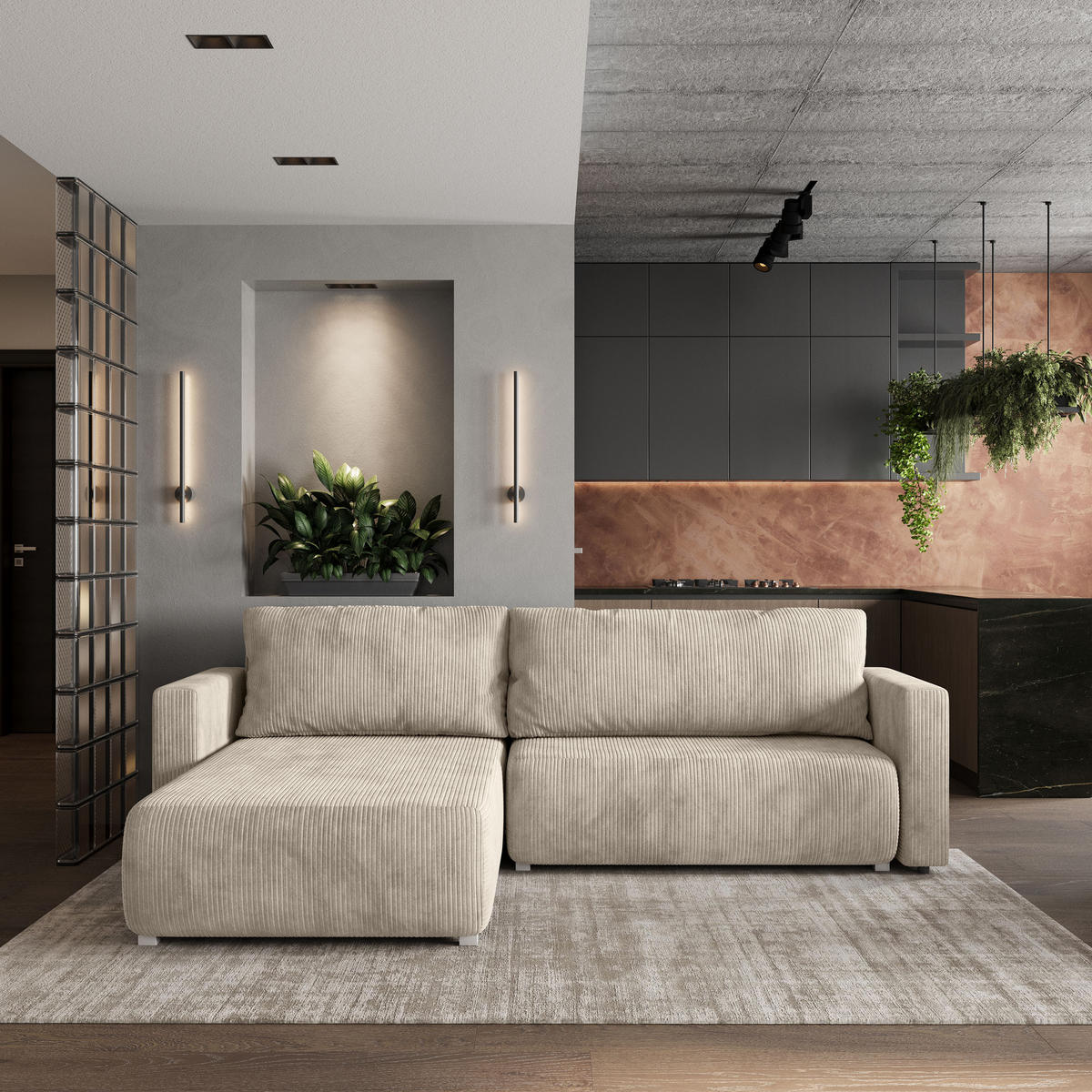 ECKSOFA TURIN P Creme Kordstoff mit Schlaffunktion - Creme/Grau, Holz/Kunststoff (265/183cm) - MASSENO