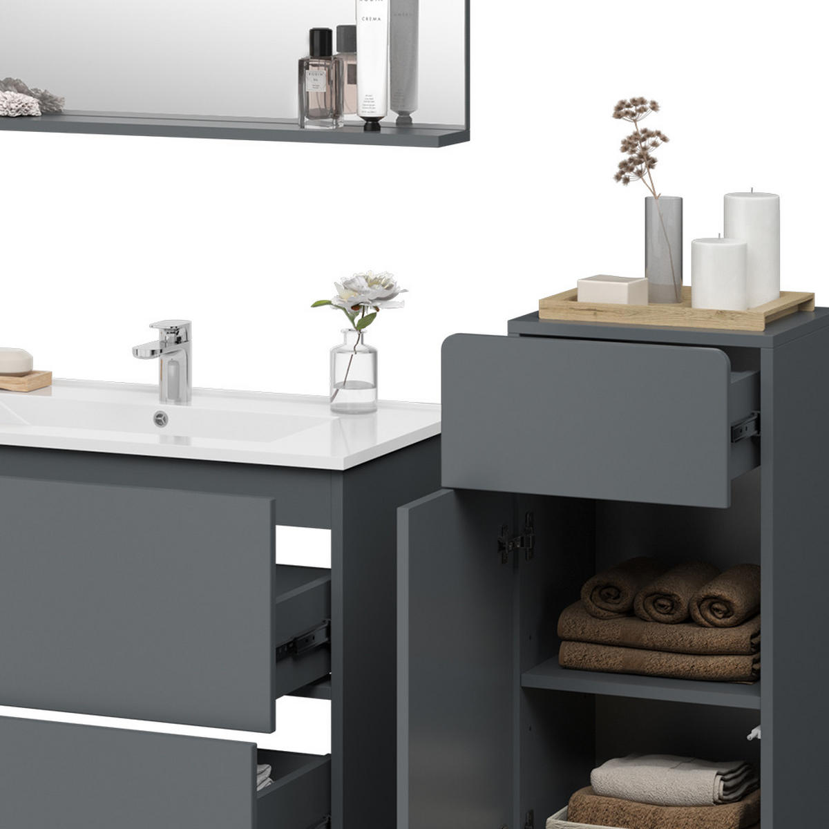 BADMÖBEL-SET Izan Grau 4 Teile mit Midischrank - Grau, Holzwerkstoff (80/59.3/46cm) - Vicco