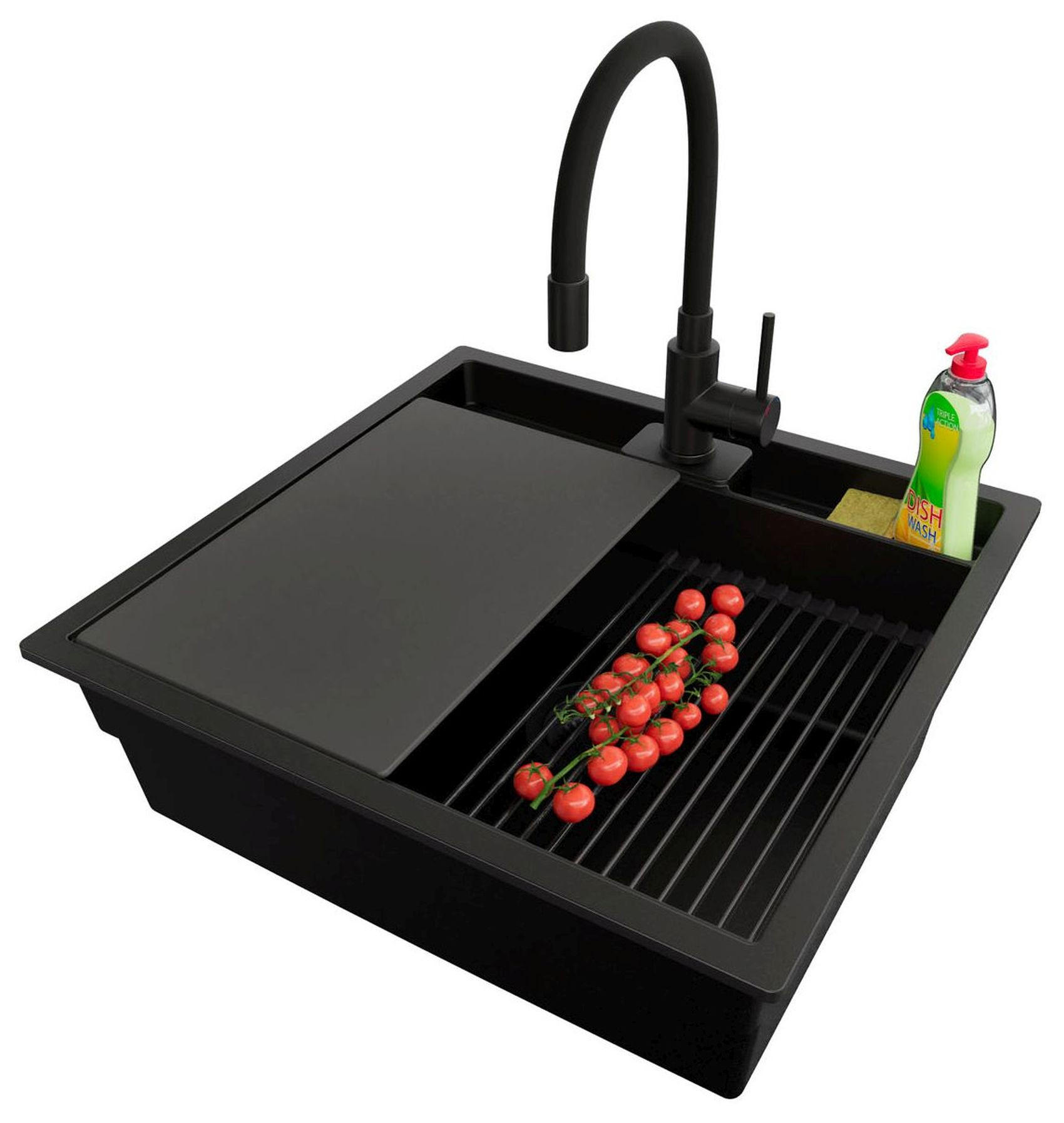 GRANITSPÜLE Bergen Pocket, 2-er set Alles Schwarz 56/54 cm 1 Becken + Küchenarmatur 40/38 cm + Ablauf-Set + Küchenzubehörset ab 60er Unterschrank - Schwarz, Kunststoff (56/20/54cm) - Primagran