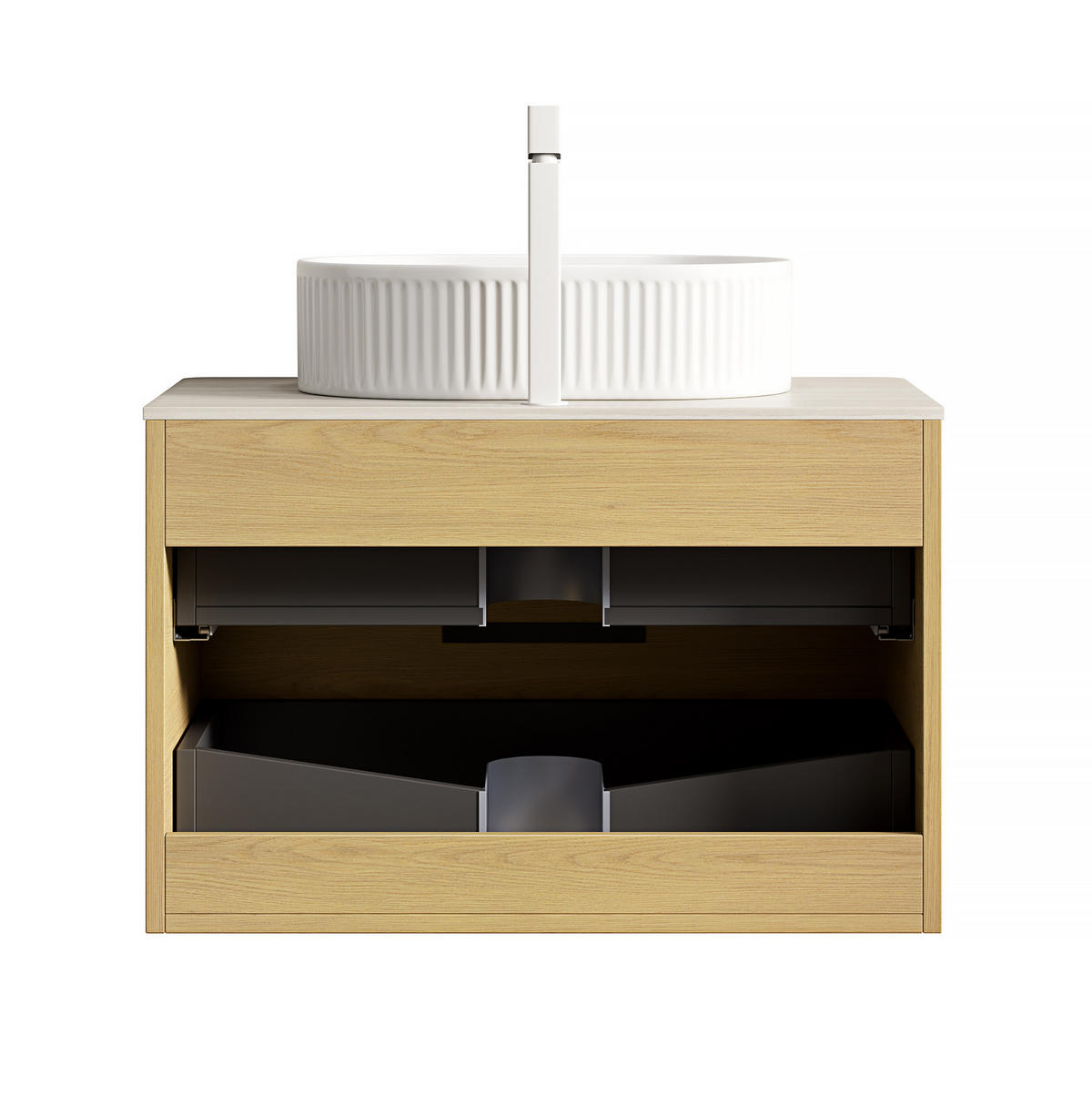 WASCHTISCHUNTERSCHRANK 75x46x62.2cm Beige/Eiche/Weiß mit ovalem Keramikbecken & Travertin-Arbeitsplatte - Eichefarben, Keramik (75/62.2/46cm) - Modfu