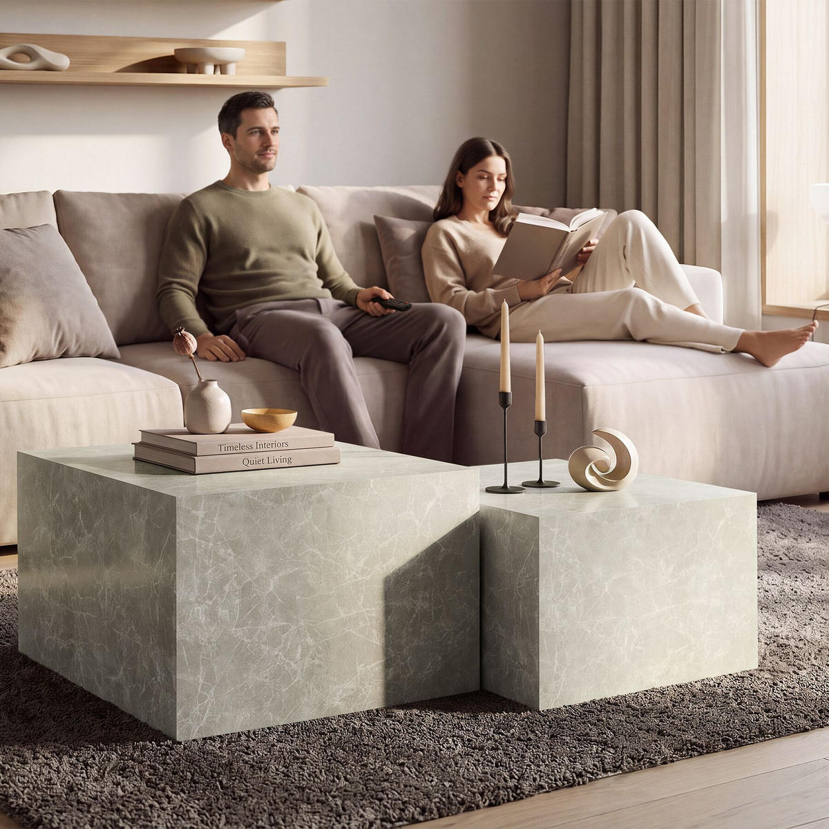 COUCHTISCH 2er Set Lacey, inkl. Filzschoner, Belastbarkeit 45 kg, Travertin Optik - Beige, Holz (60/60/40cm) - tectake