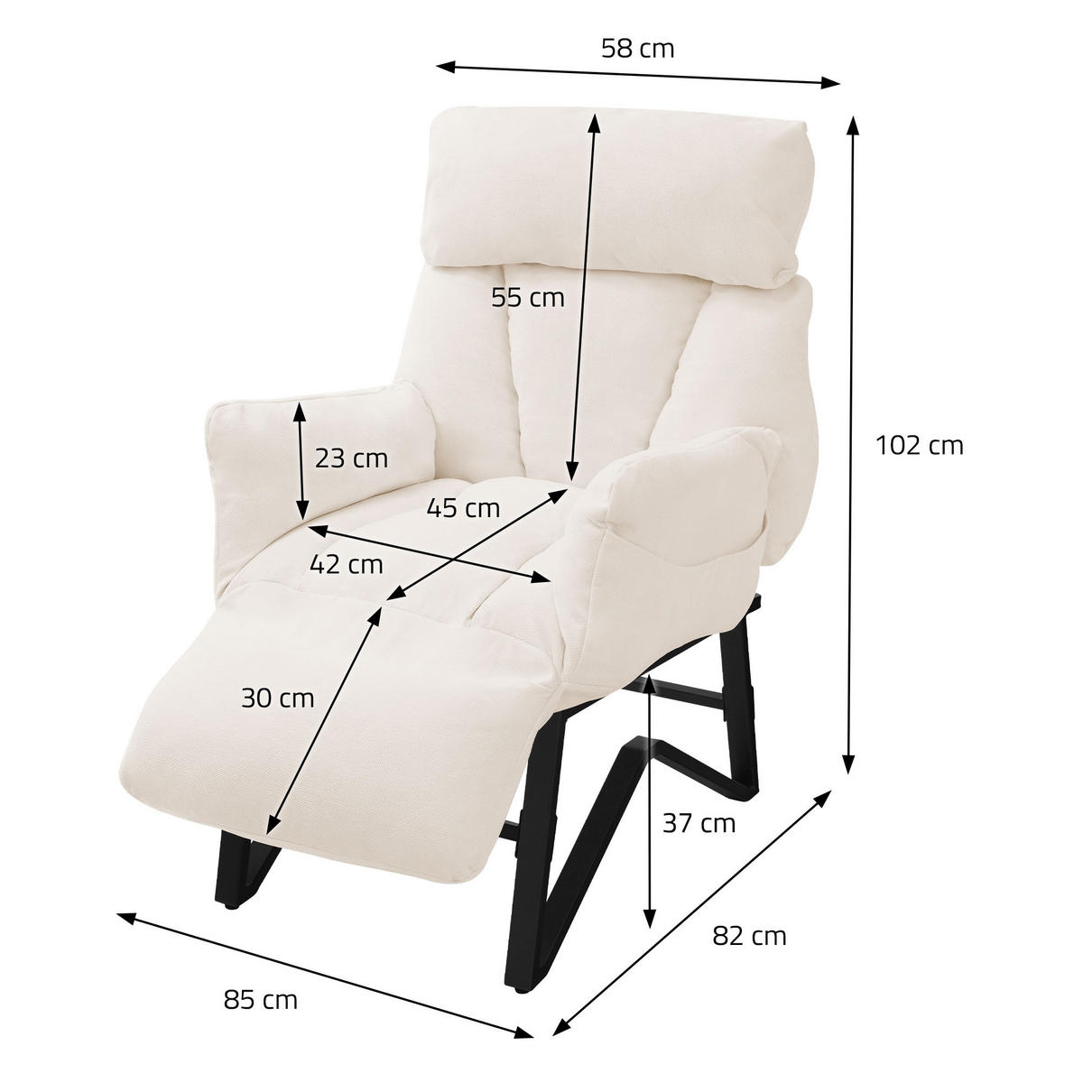 RELAXSESSEL Beige Leinenbezug verstellbar mit Armlehnen und Fußablage - Beige/Schwarz, Textil/Metall (85/102/82cm) - ML-DESIGN
