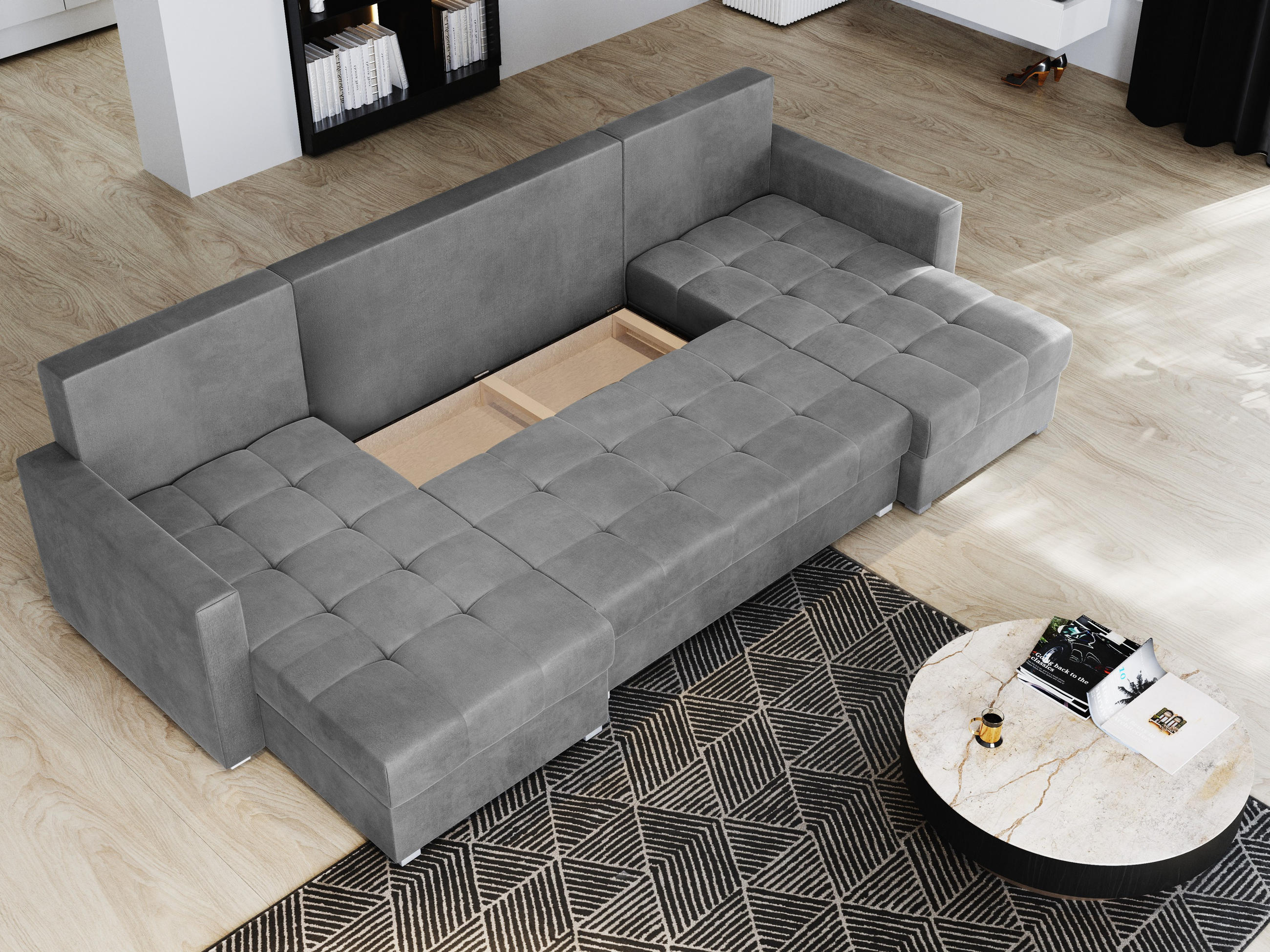 WOHNLANDSCHAFT NAKO Schwarz Plüsch-Stoff mit Schlaffunktion - Schwarz, Holz (285/85/140cm) - MASSENO