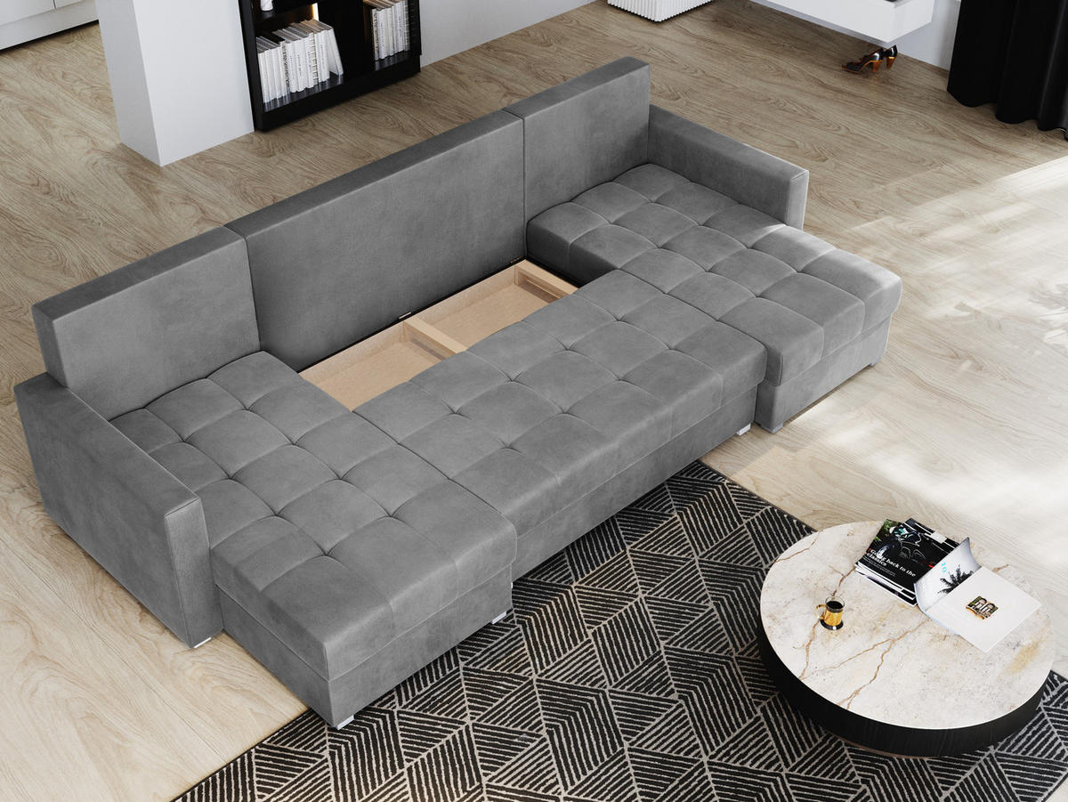 WOHNLANDSCHAFT NAKO Schwarz Plüsch-Stoff mit Schlaffunktion - Schwarz, Holz (285/85/140cm) - MASSENO