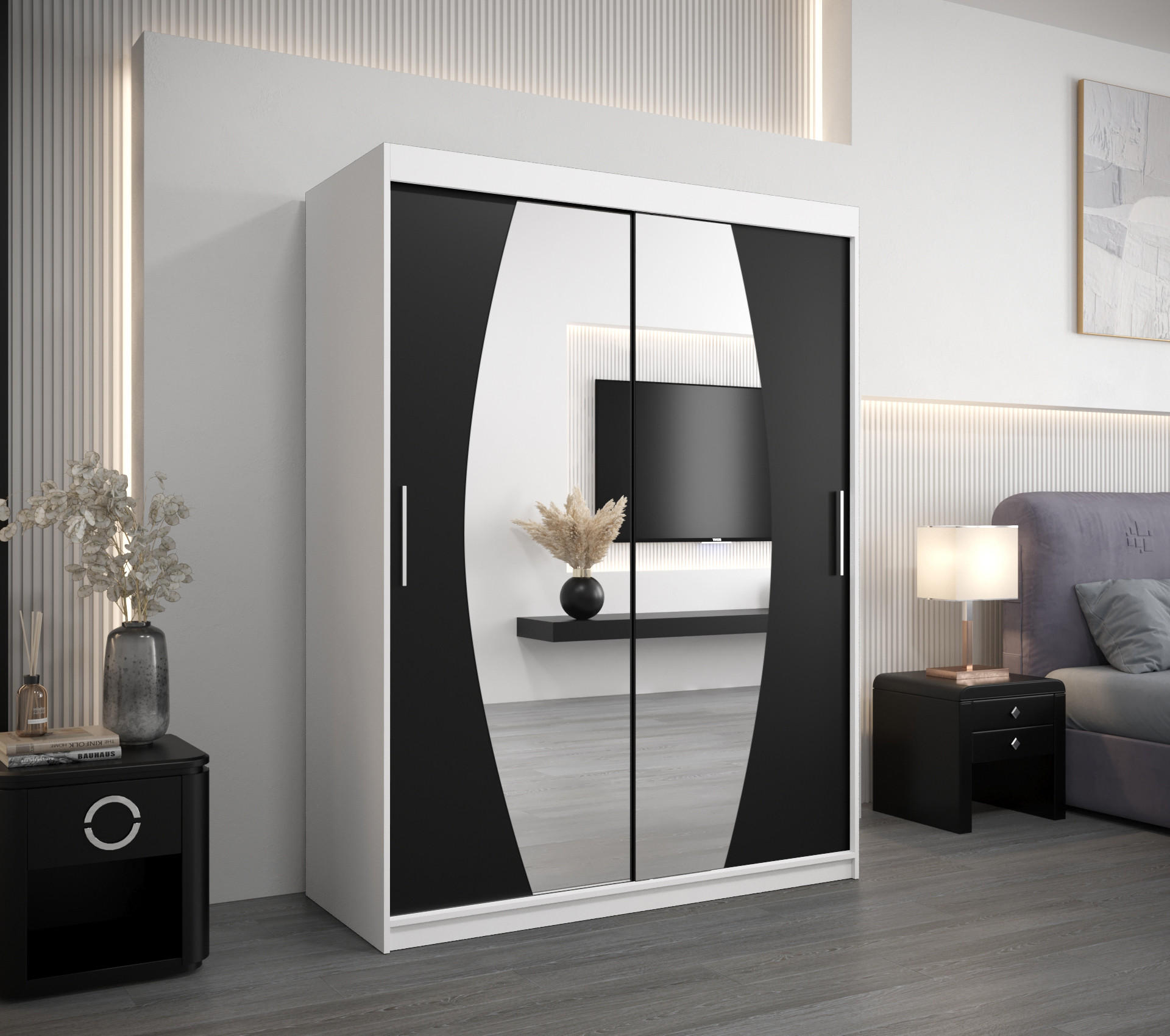 SCHWEBETÜRENSCHRANK 200/150/62 2-türig - Silberfarben/Schwarz, Holz/Kunststoff (150/200/62cm) - Abiks Möbel