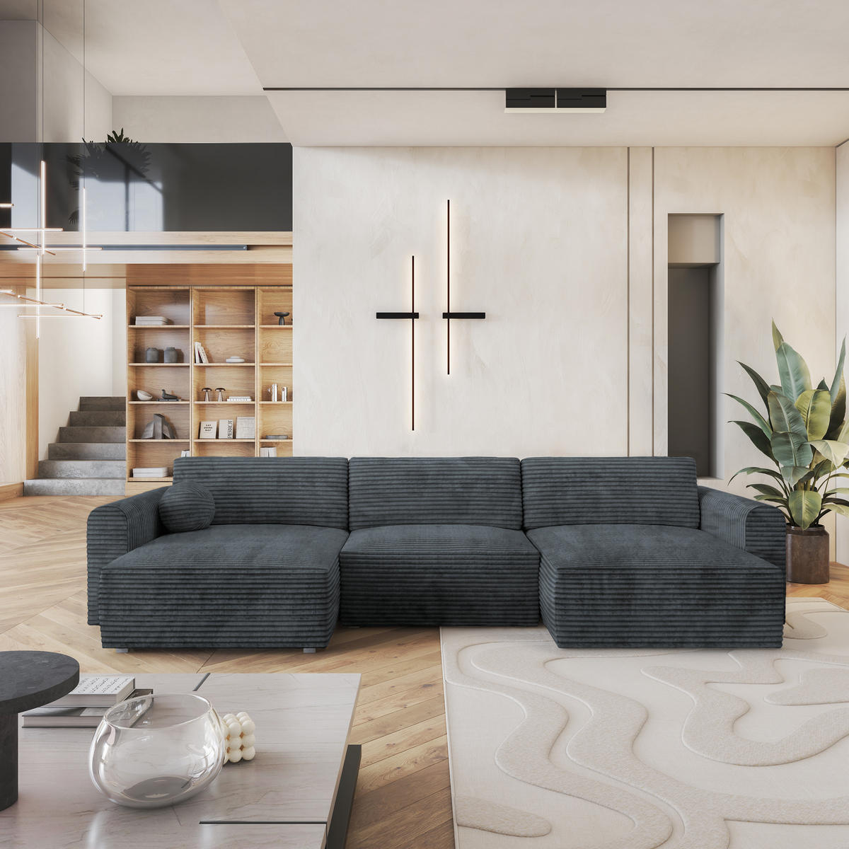 ROHOVÁ SEDAČKA FENTO šedá - šedá, dřevo/textil (347/148cm) - MASSENO