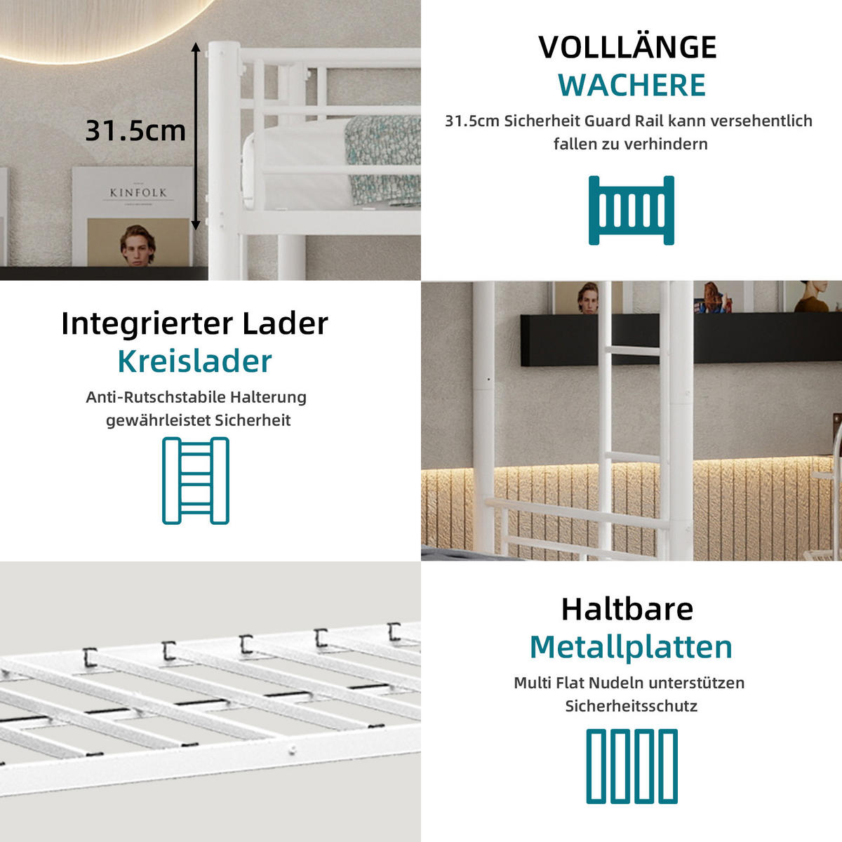 ETAGENBETT Metall Grau 90x200 cm 2-tlg. - Weiß, Metall (90/200cm) - ComfortXL