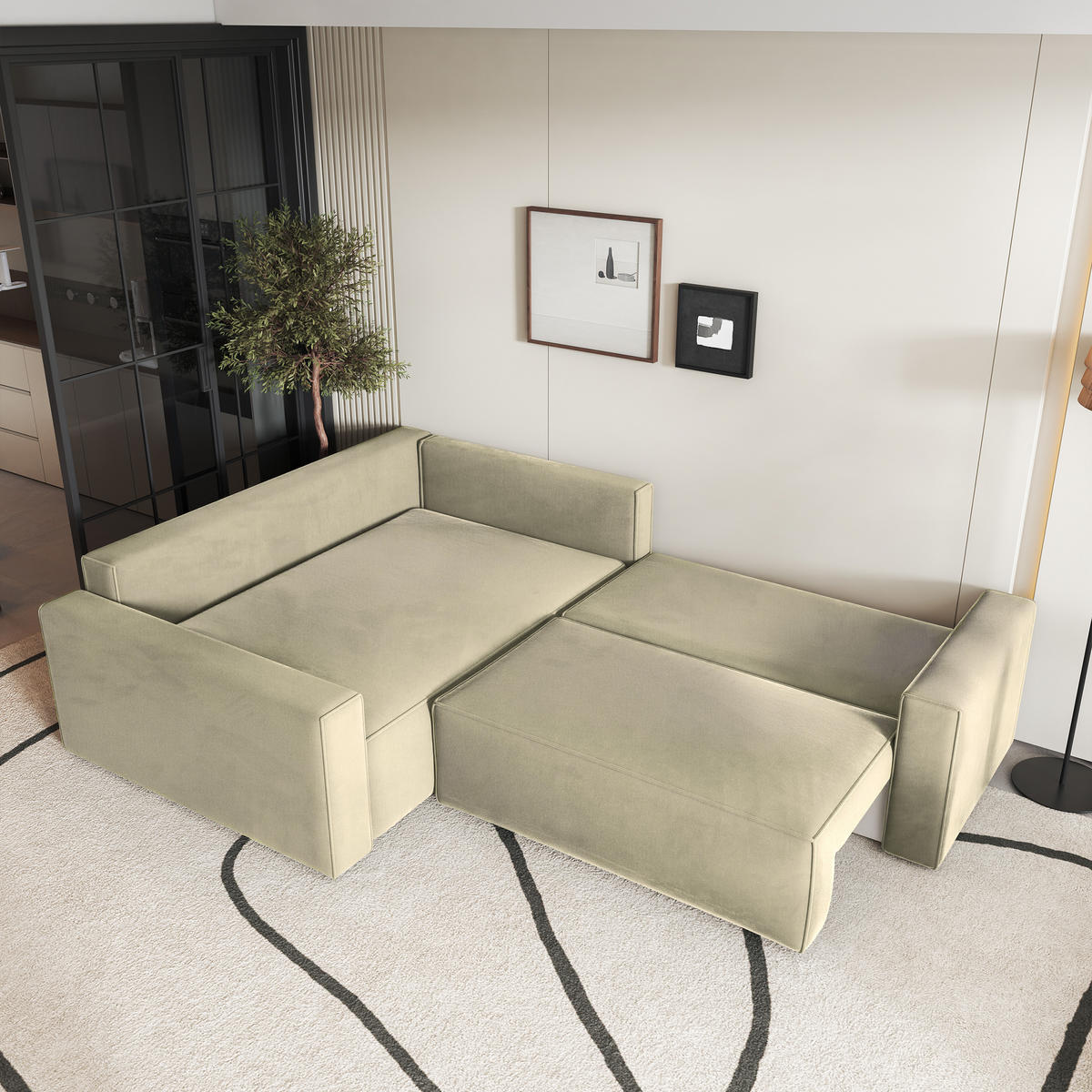 ECKSOFA ERONIS L-S Creme Velours-Stoff mit Schlaffunktion - Creme, Holz (265/194cm) - MASSENO