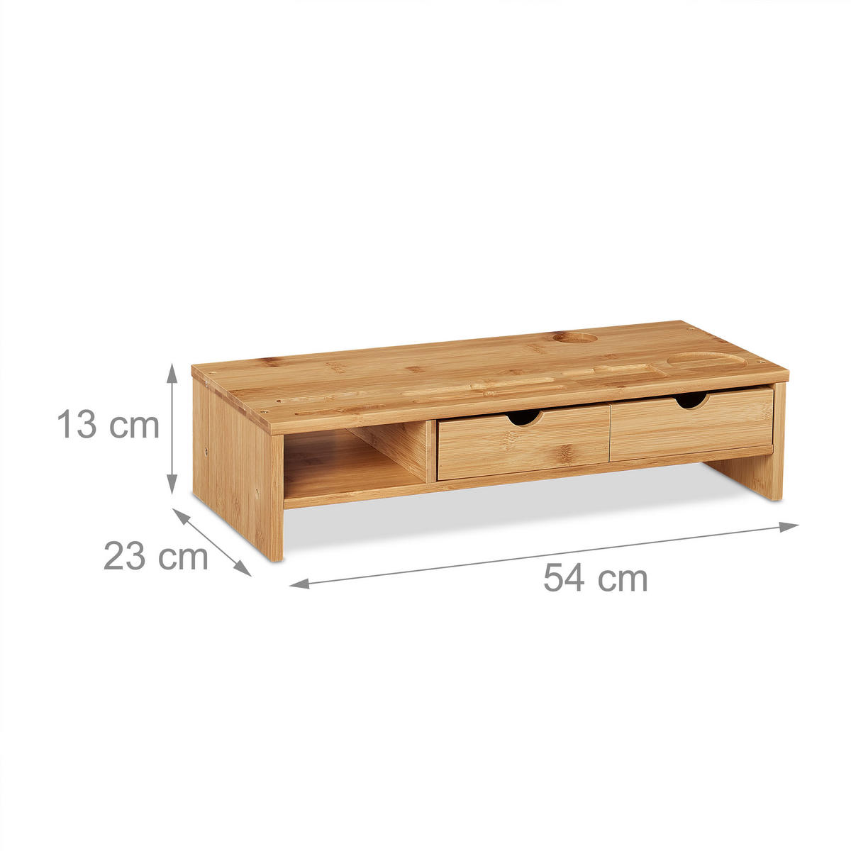 MONITORSTÄNDER Natur Bambus 2-Schubladen - Hellbraun, Holz (23/54/13cm) - Relaxdays