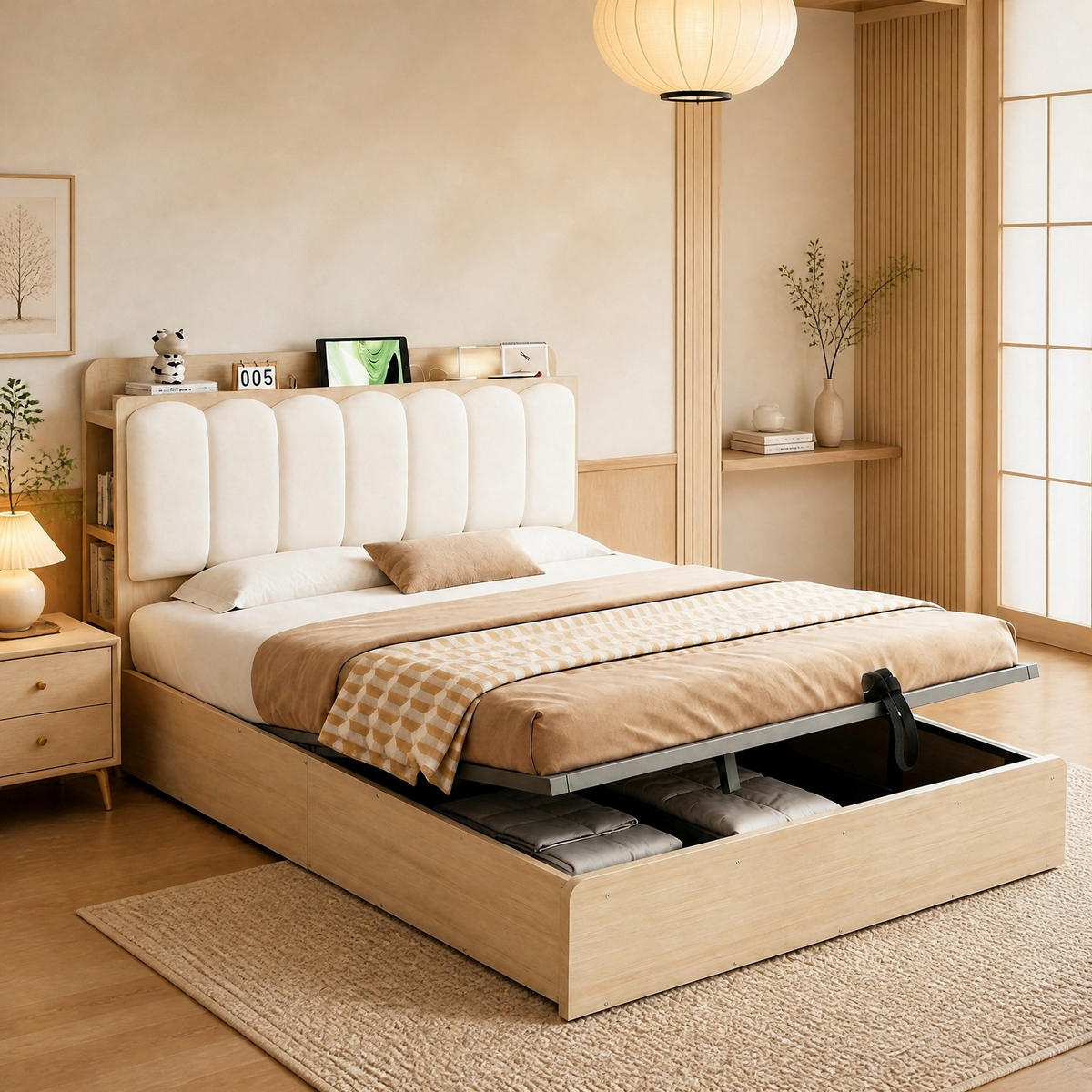 BETT 140/200 cm aus Holz mit Stauraum, USB-Anschluss, Naturholz - Naturfarben, Holz (140/200cm) - OKMYHOME