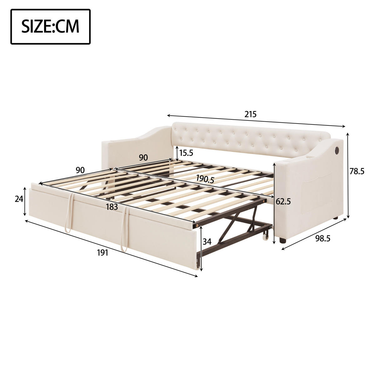 AUSZIEHBETT 90/180×190 cm Beige mit USB- und Type-C-Anschlüssen - Beige, Textil (90/180cm) - Flora Grace