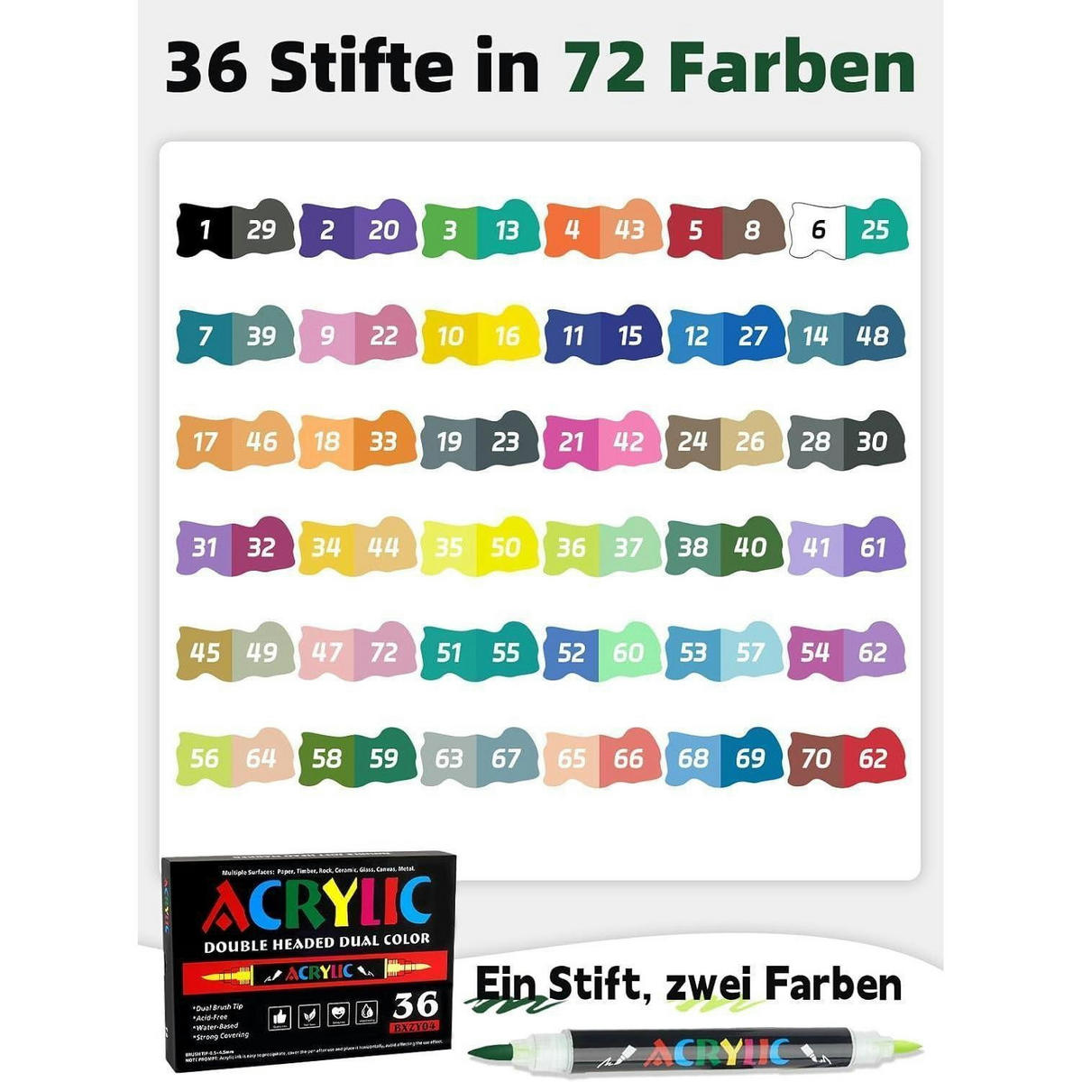 ACRYLSTIFTE Set 36 Stifte mit 72 Farben Doppelspitze - Multicolor, Kunststoff (1.5/1.5/14cm)